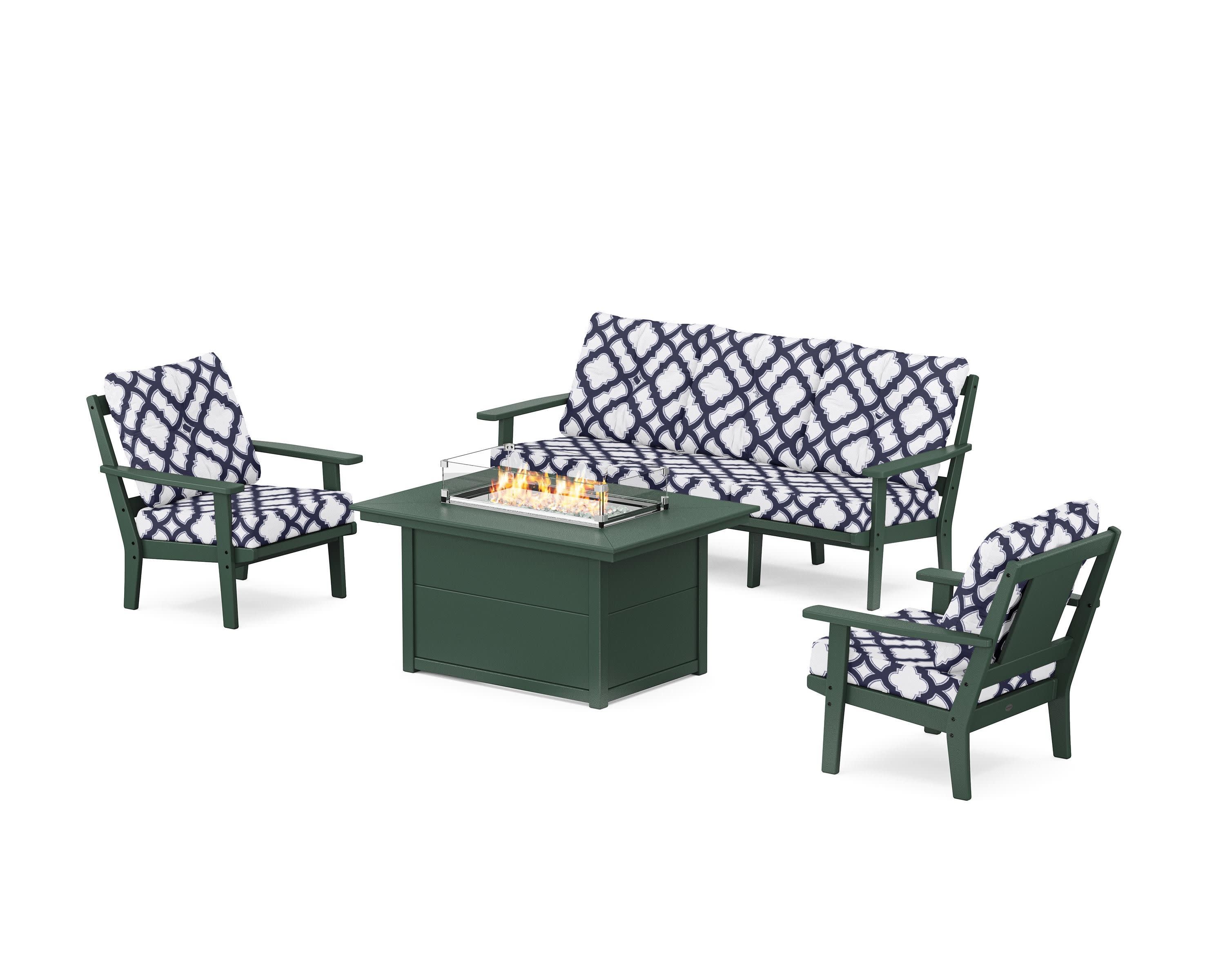 Prairie Deep Seating Fire Pit Table Set in Green / Trellis Navy