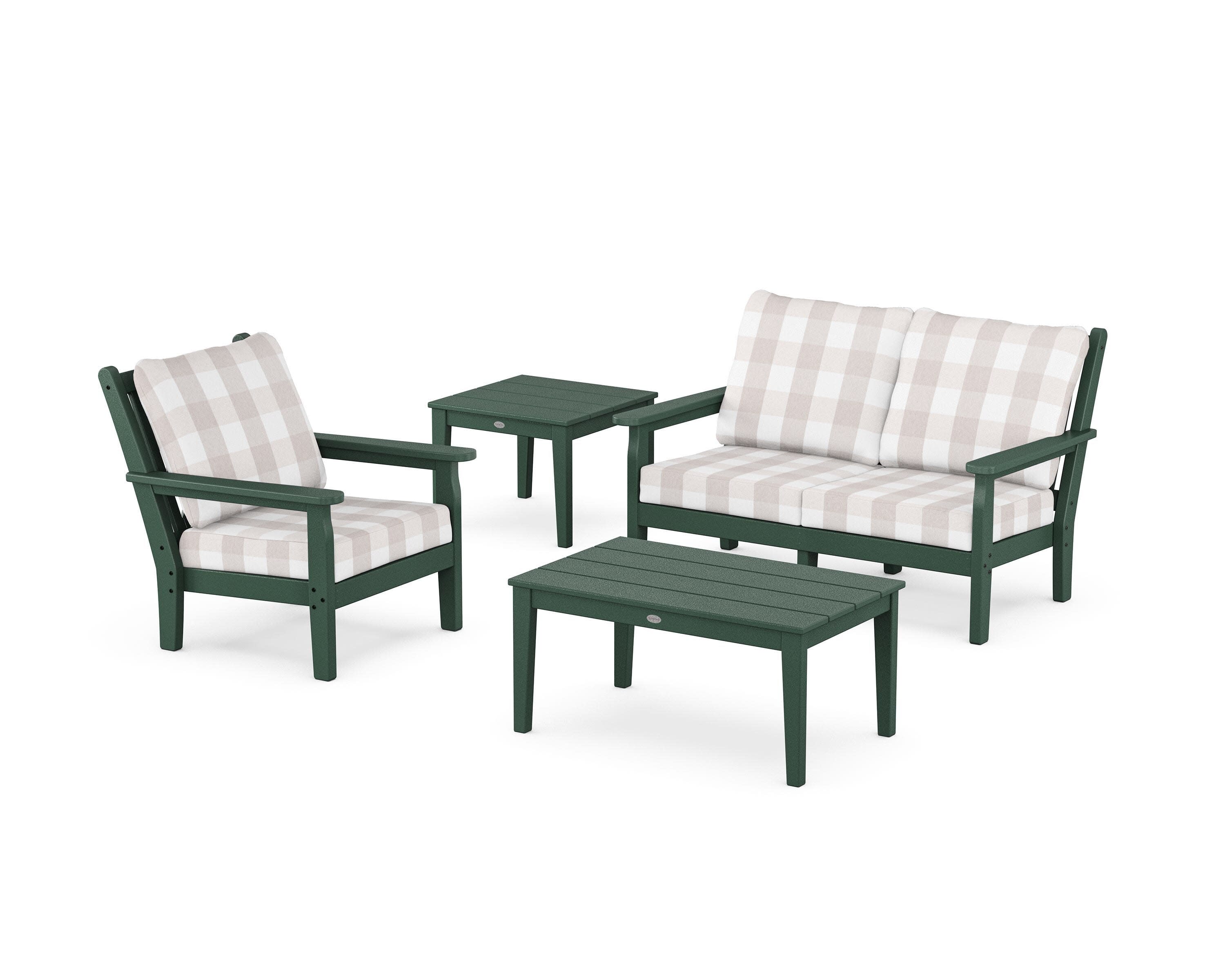 Chippendale 4-Piece Deep Seating Set in Green / Buffalo Plaid Dune Burlap