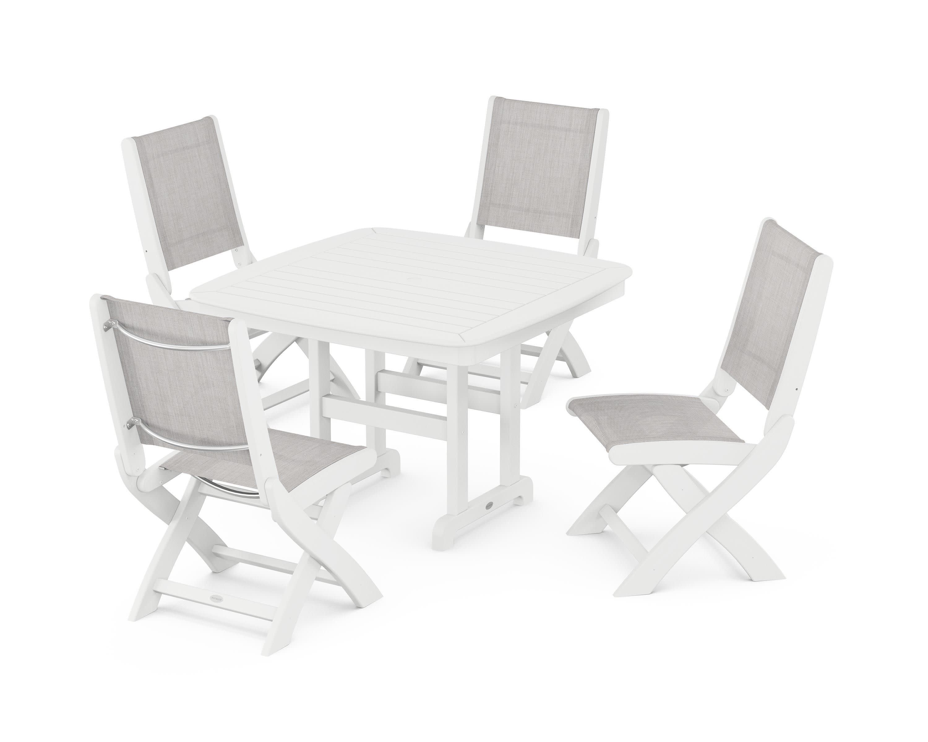 Coastal Folding Side Chair 5-Piece Dining Set in White / Parchment Sling