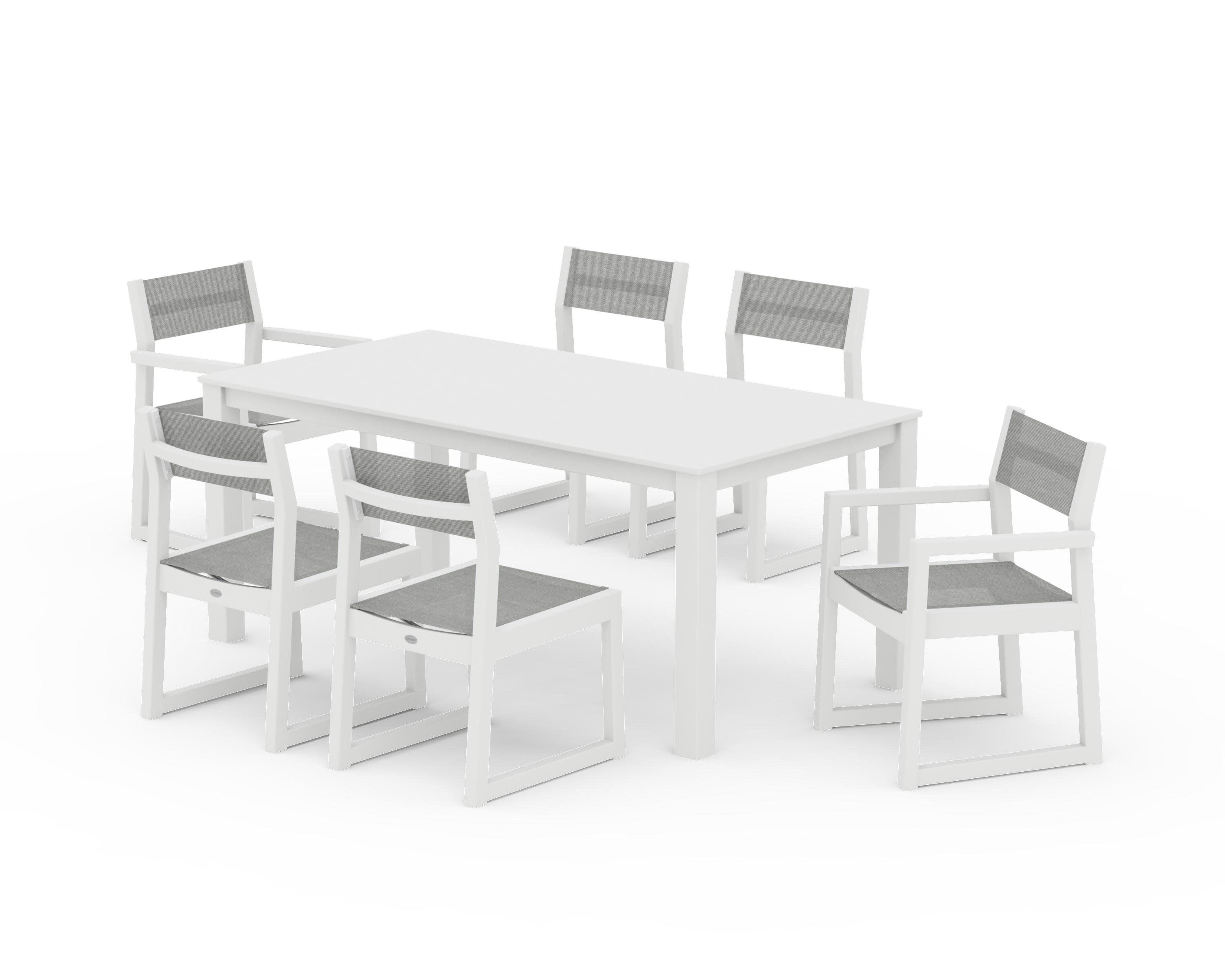 EDGE Sling 7-Piece Parsons Dining Set in White / Metallic Sling