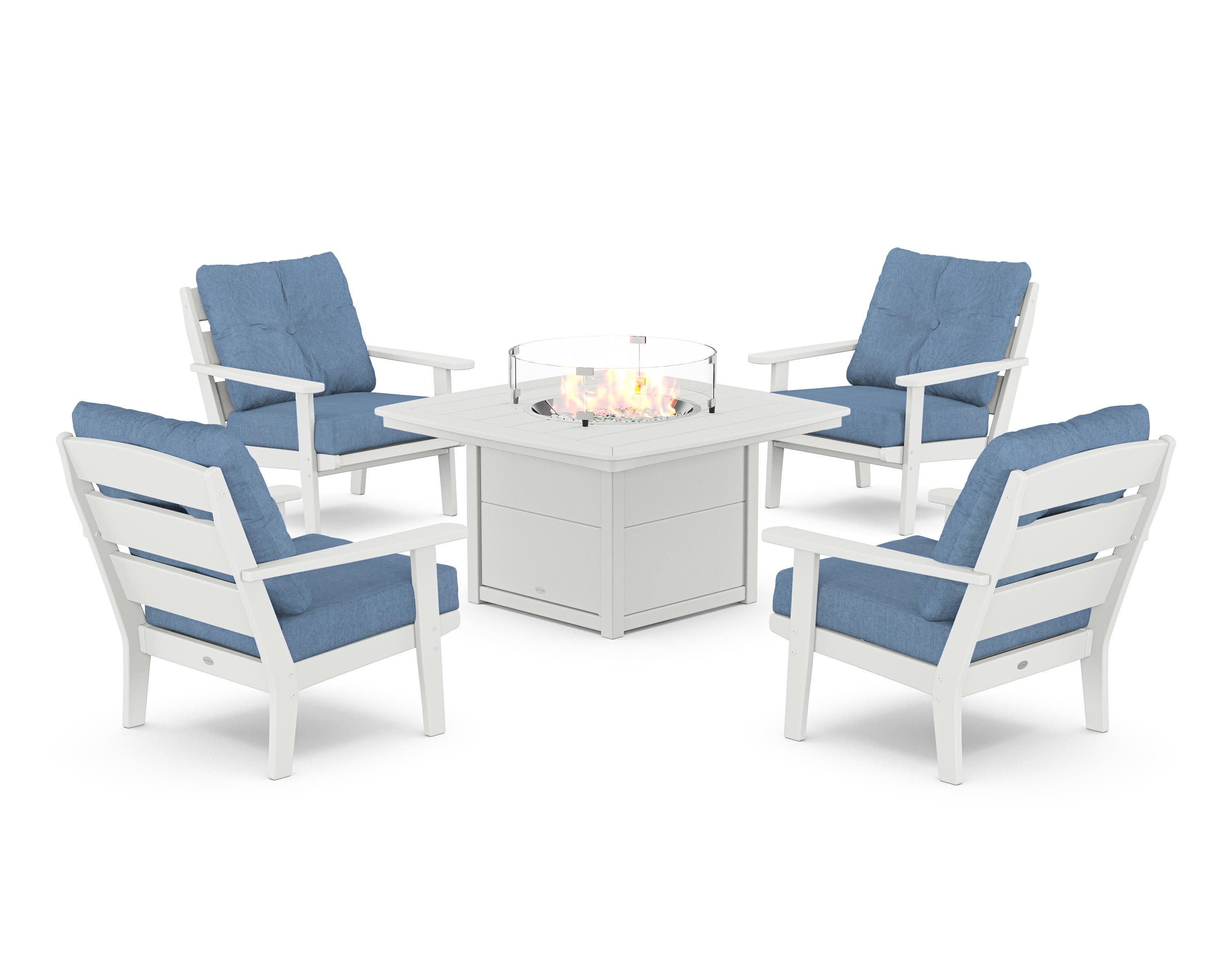 Lakeside 5-Piece Deep Seating Set with Nautical Fire Pit Table in White / Sky Blue