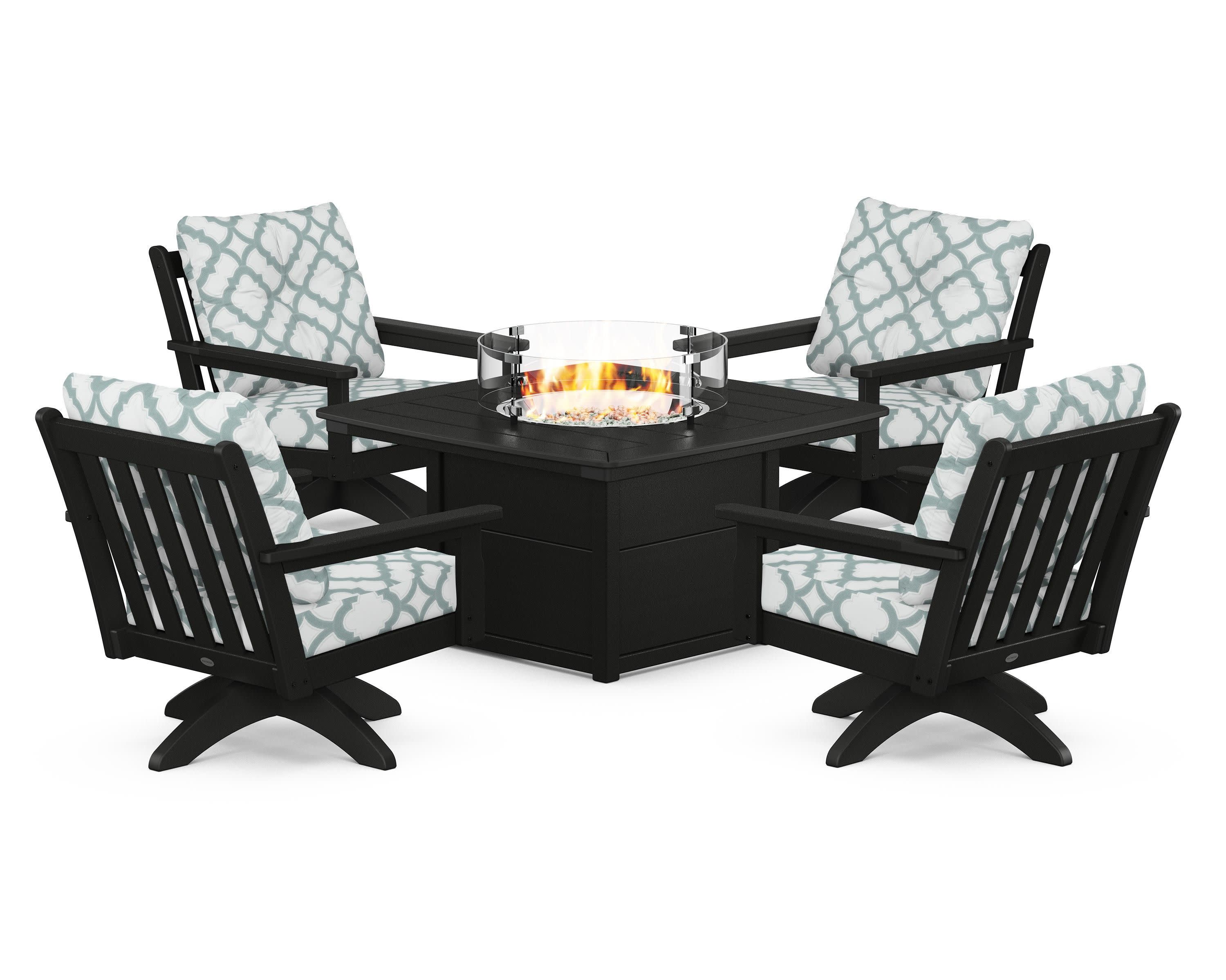 Vineyard 5-Piece Deep Seating Swivel Conversation Set with Fire Pit Table in Black / Trellis Glacier Spa