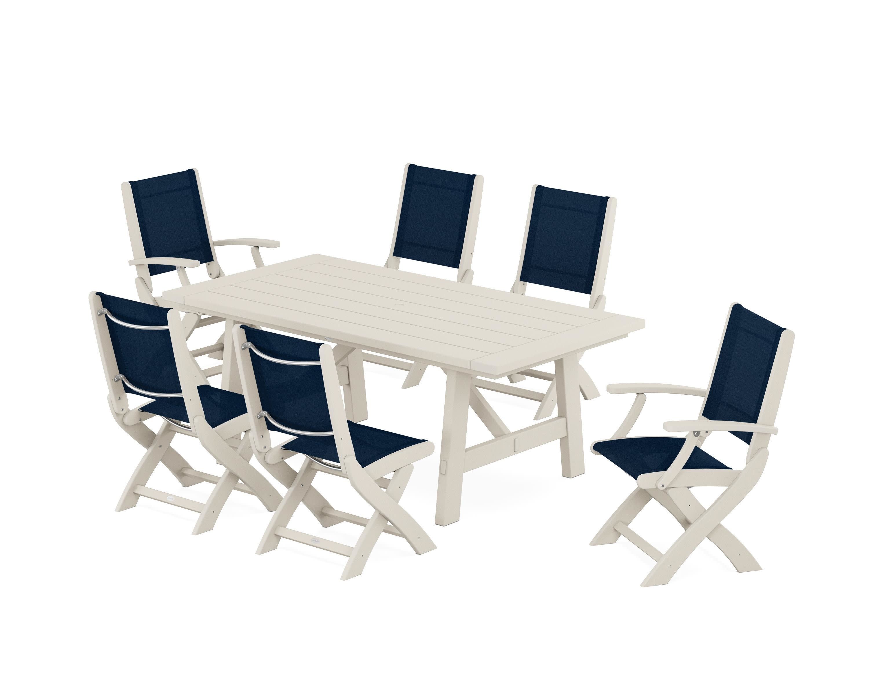 Coastal Folding Chair 7-Piece Rustic Farmhouse Dining Set in Sand / Navy Blue Sling