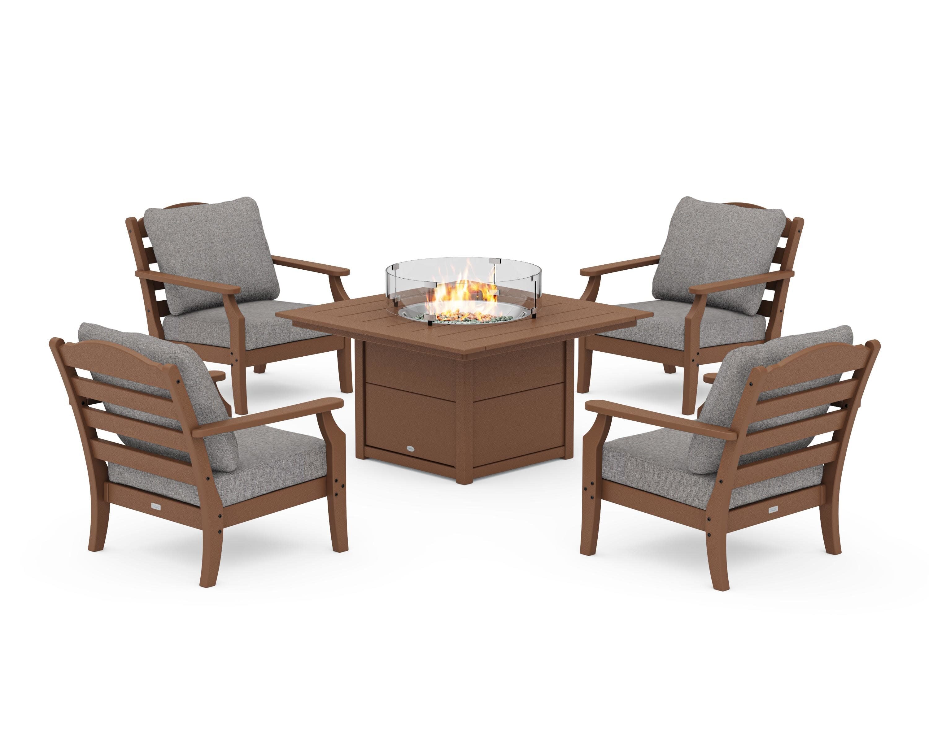 Savannah 5-Piece Deep Seating Set with Fire Pit Table in Teak / Grey Mist