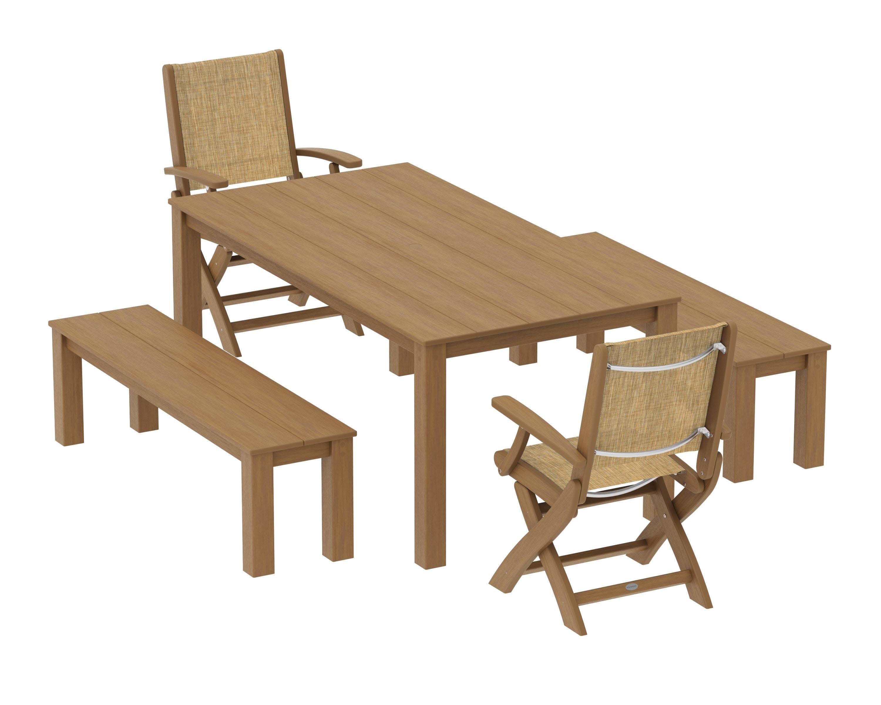 Coastal Folding Chair 5-Piece Parsons Dining Set with Benches in Natural / Burlap Sling