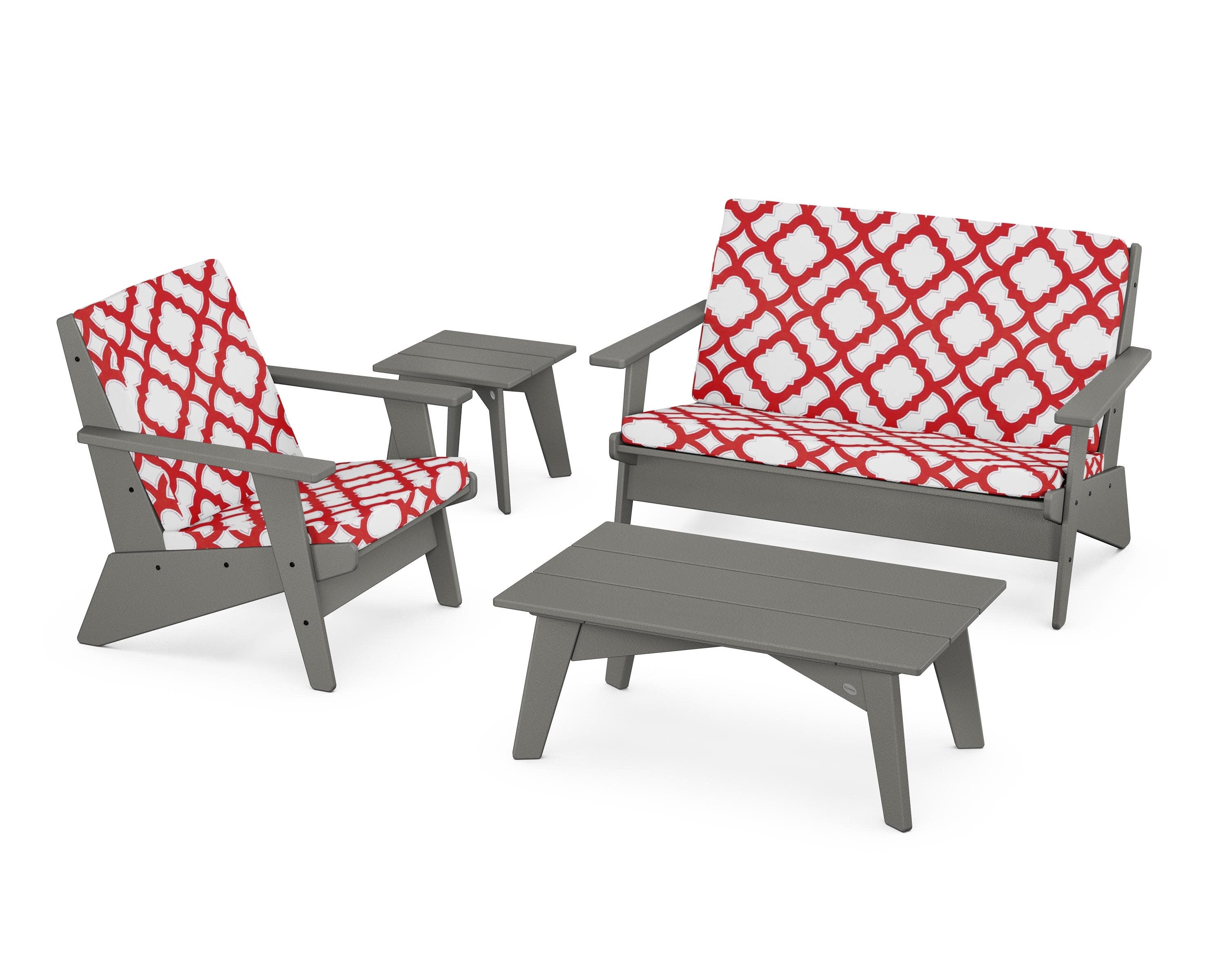 Riviera Modern Lounge 4-Piece Set in Slate Grey / Trellis Crimson