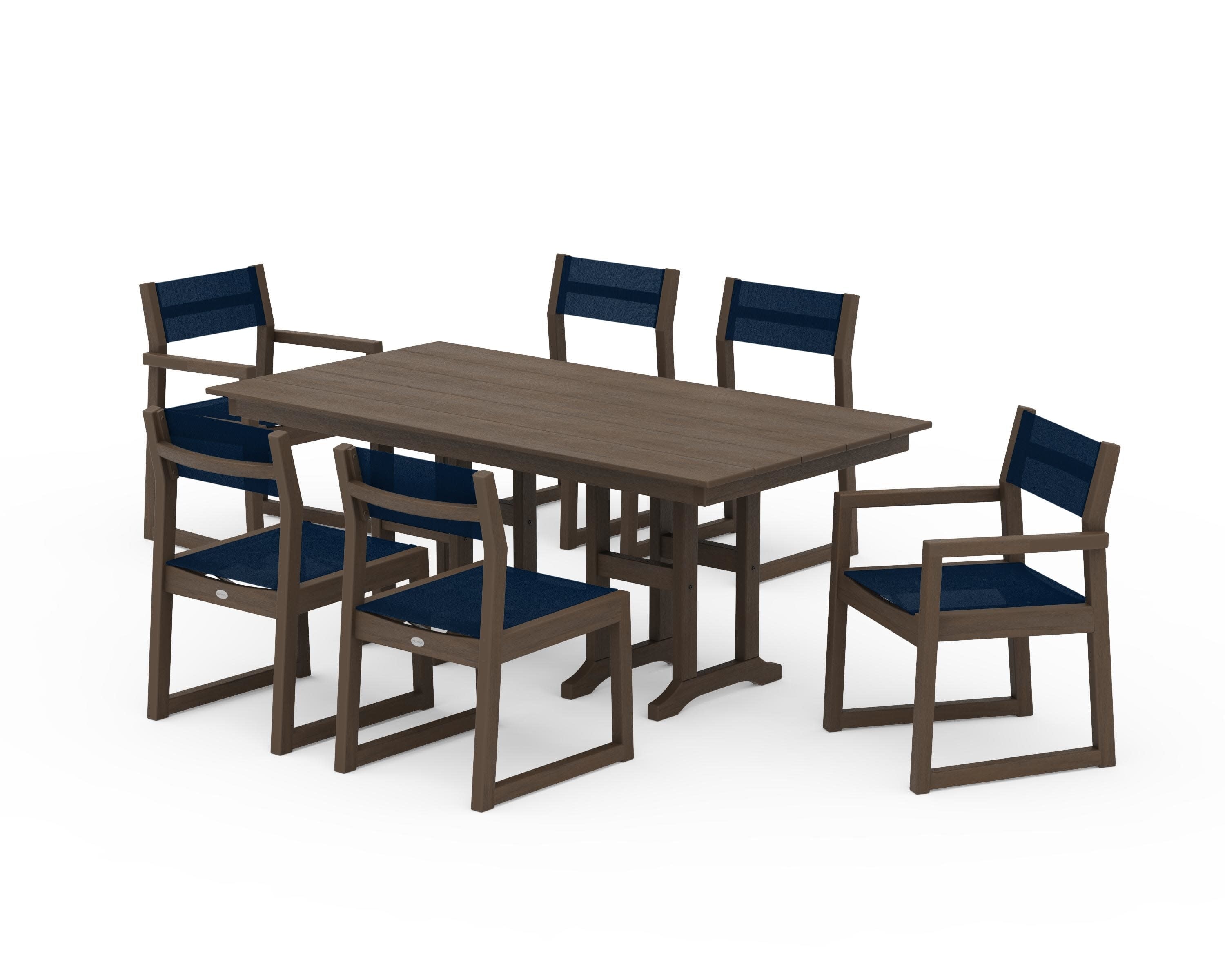 EDGE Sling 7-Piece Farmhouse Dining Set in Kona / Navy Blue Sling