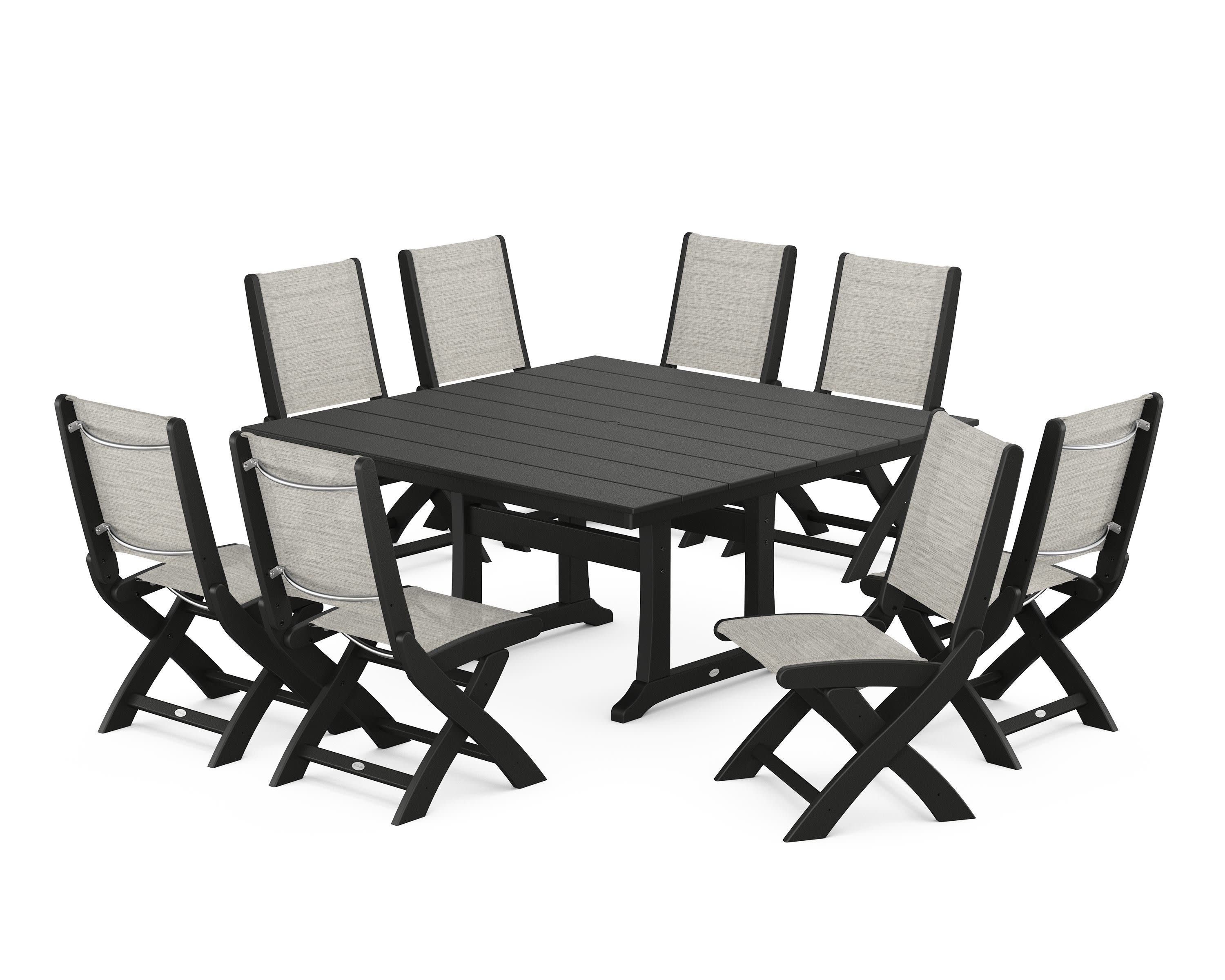 Coastal Folding Side Chair 9-Piece Farmhouse Dining Set in Black / Birch Sling