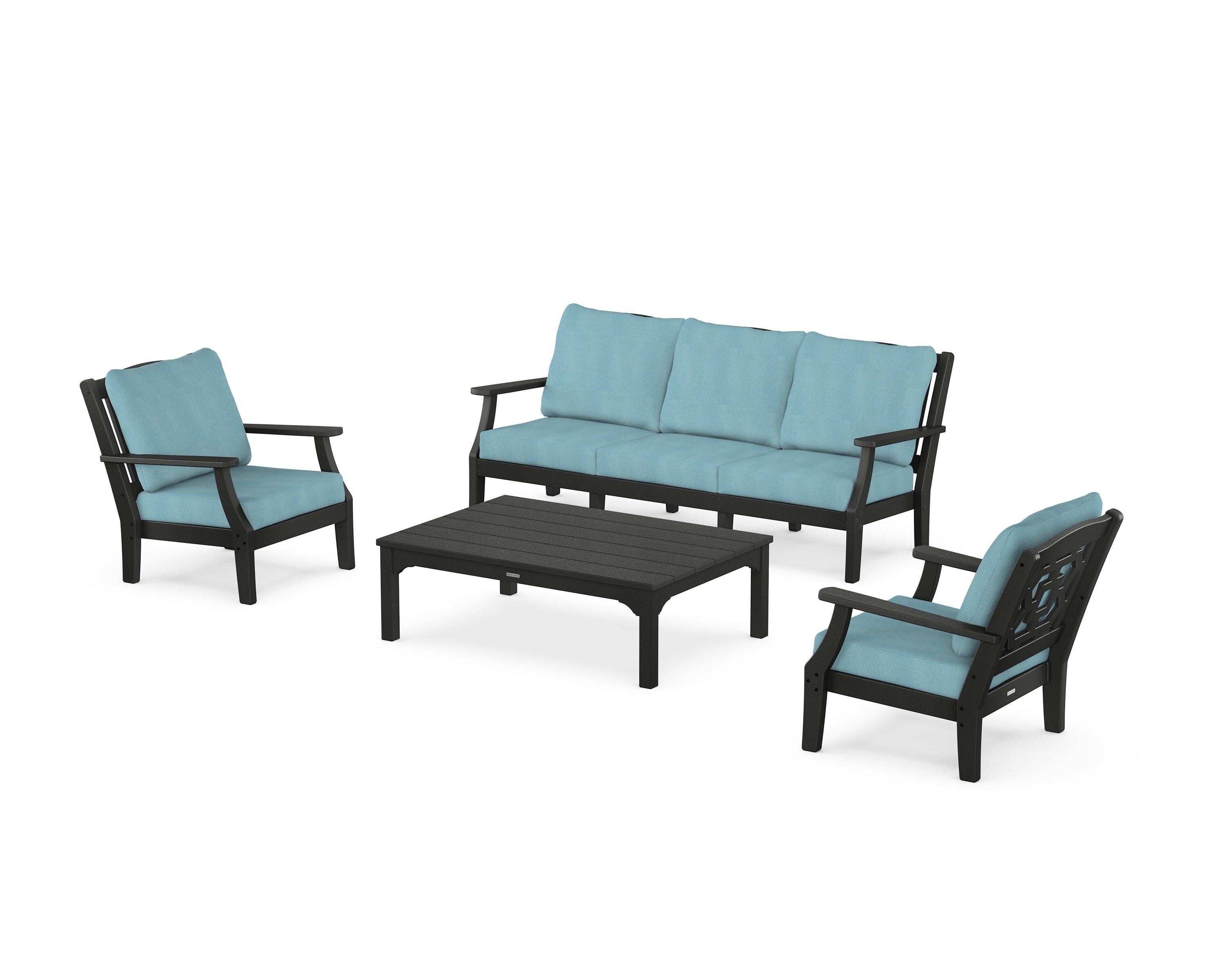 Chinoiserie 4-Piece Deep Seating Set with Sofa in Black / Lattice Sky Blue