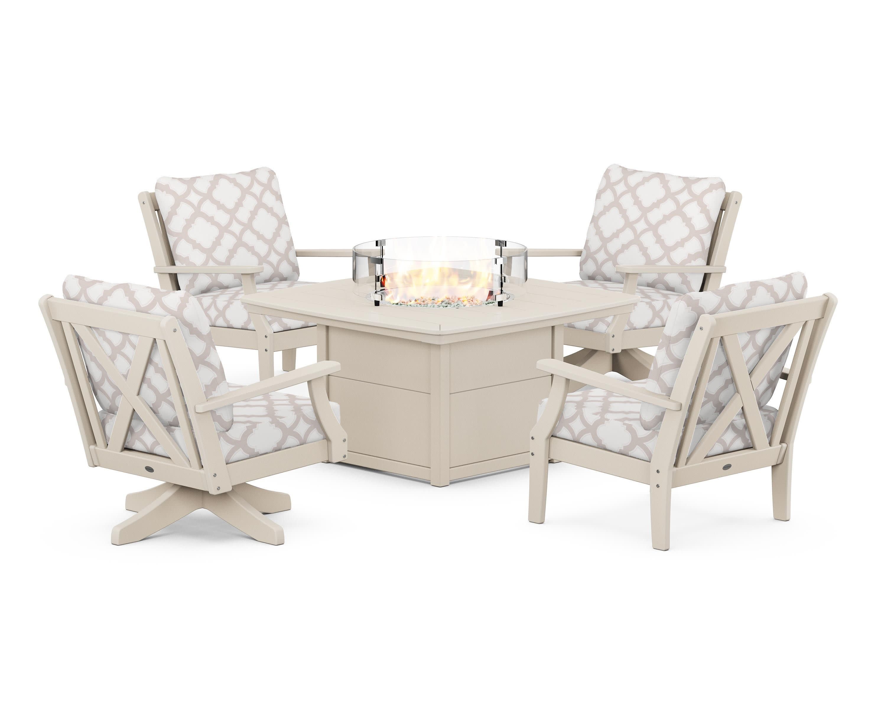 Braxton 5-Piece Deep Seating Set with Fire Table in Sand / Trellis Dune Burlap