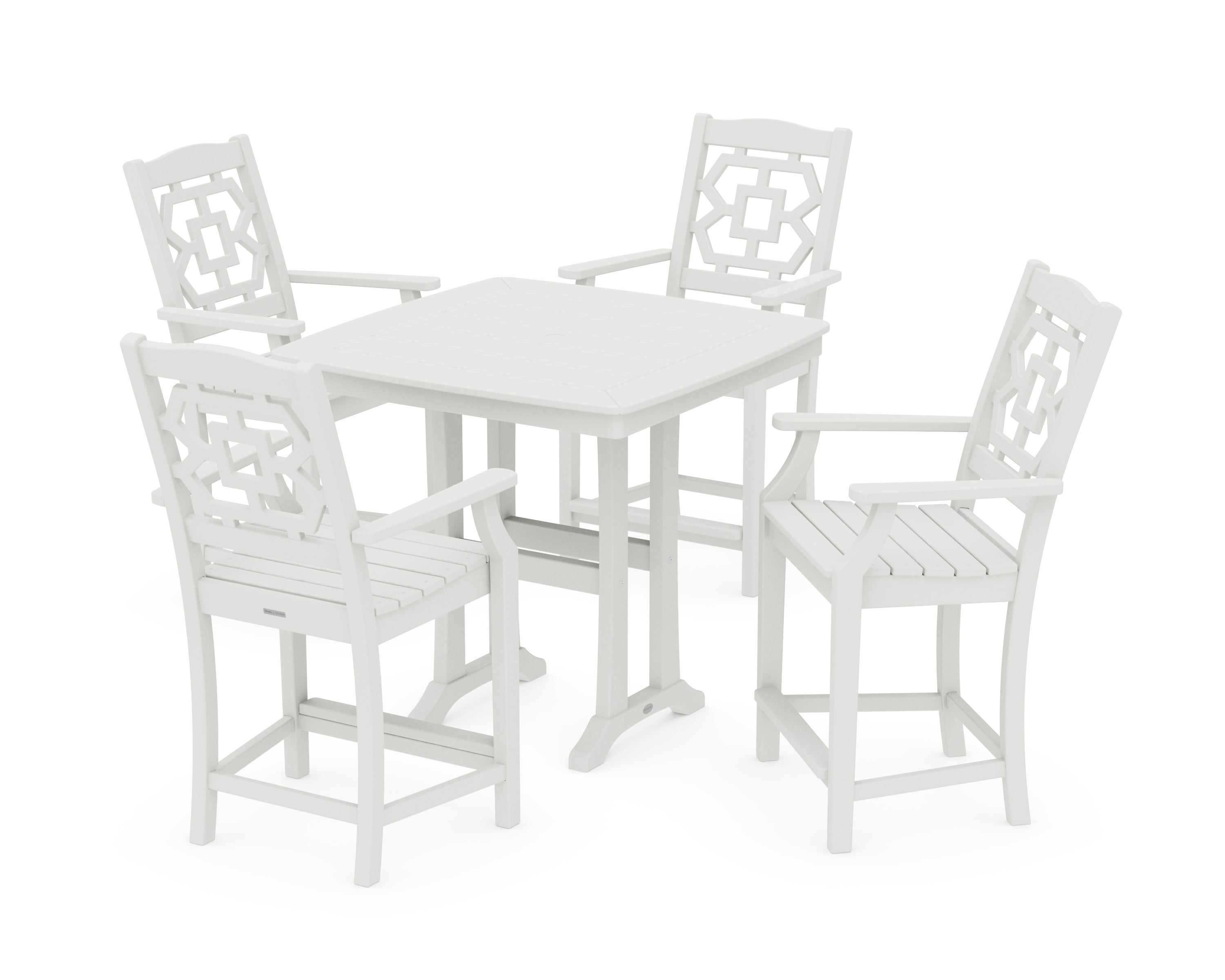Chinoiserie 5-Piece Counter Set with Trestle Legs in Vintage White