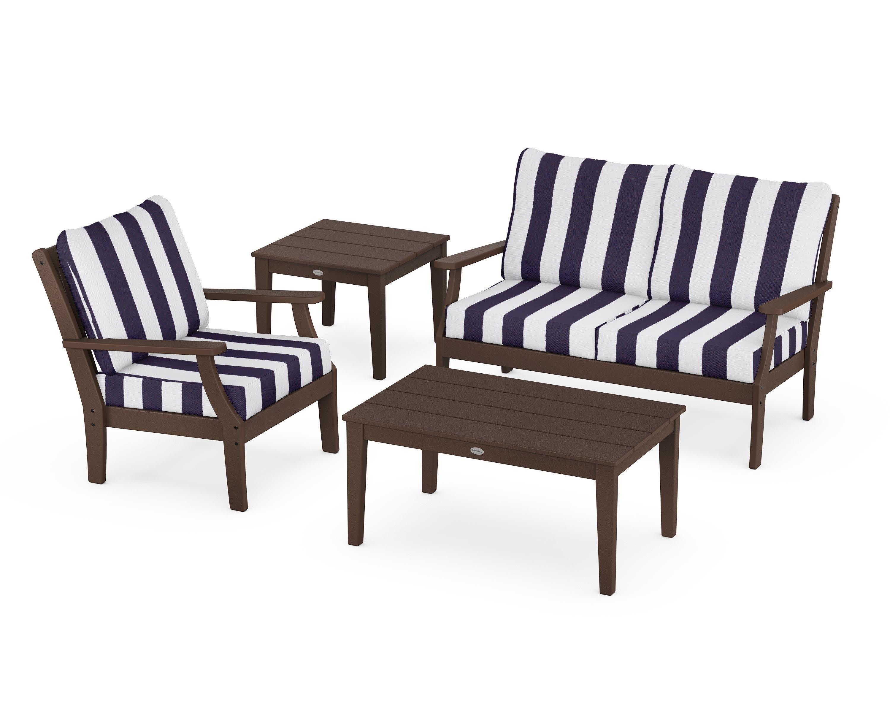 Braxton 4-Piece Deep Seating Set in Mahogany / Cabana Stripe Navy