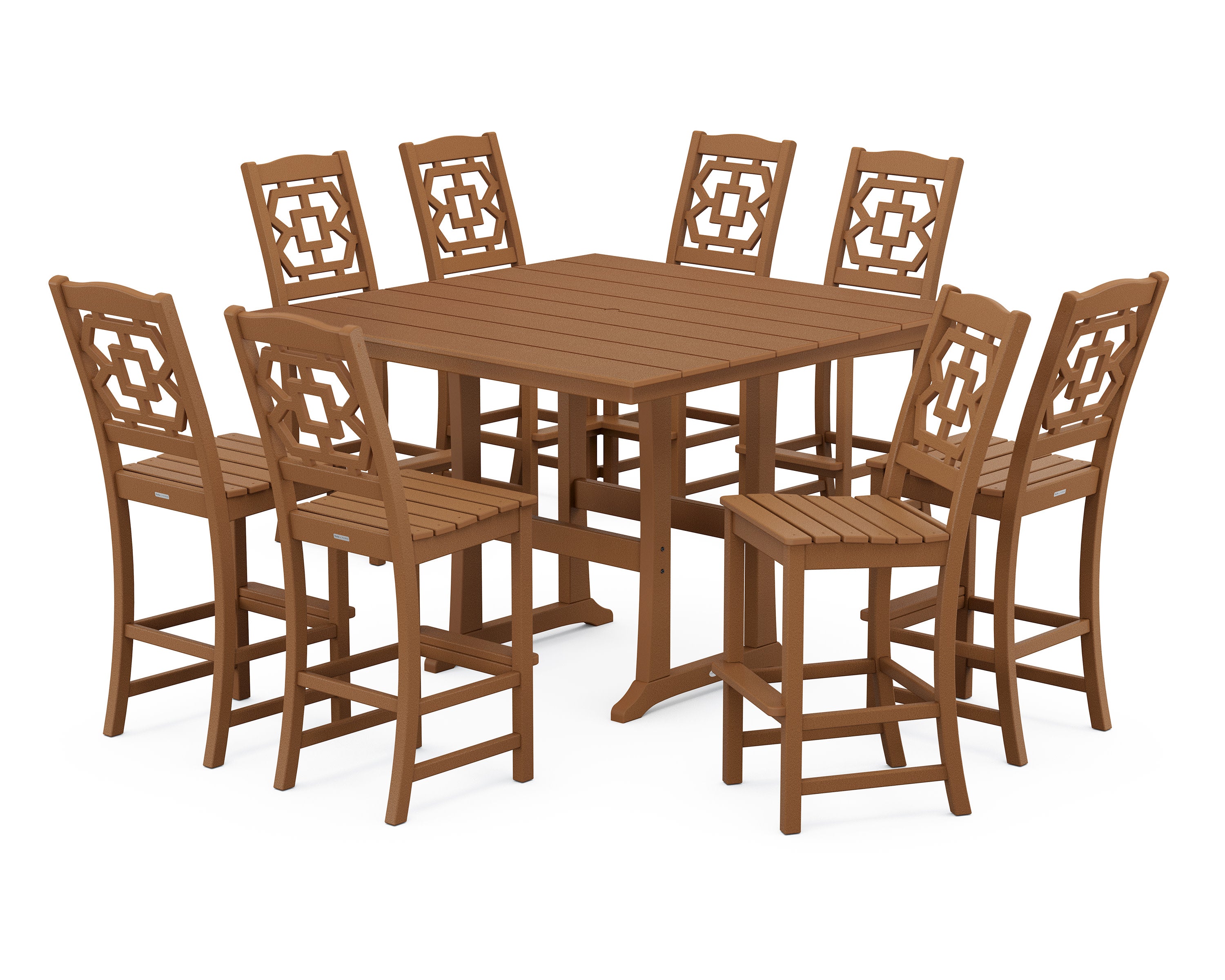 Chinoiserie 9-Piece Square Farmhouse Side Chair Bar Set with Trestle Legs in Teak