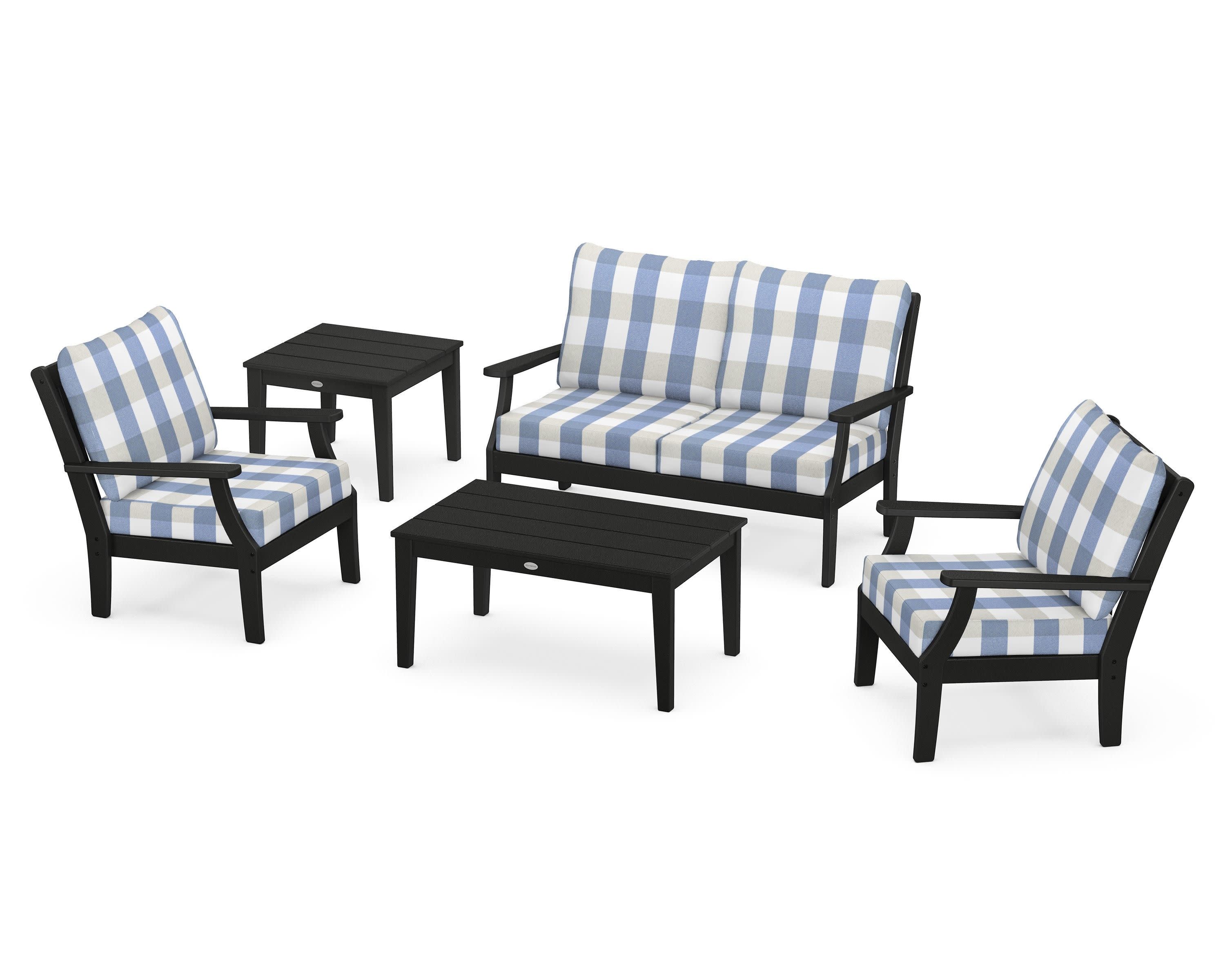 Braxton 5-Piece Deep Seating Set in Black / Buffalo Plaid Sky Blue