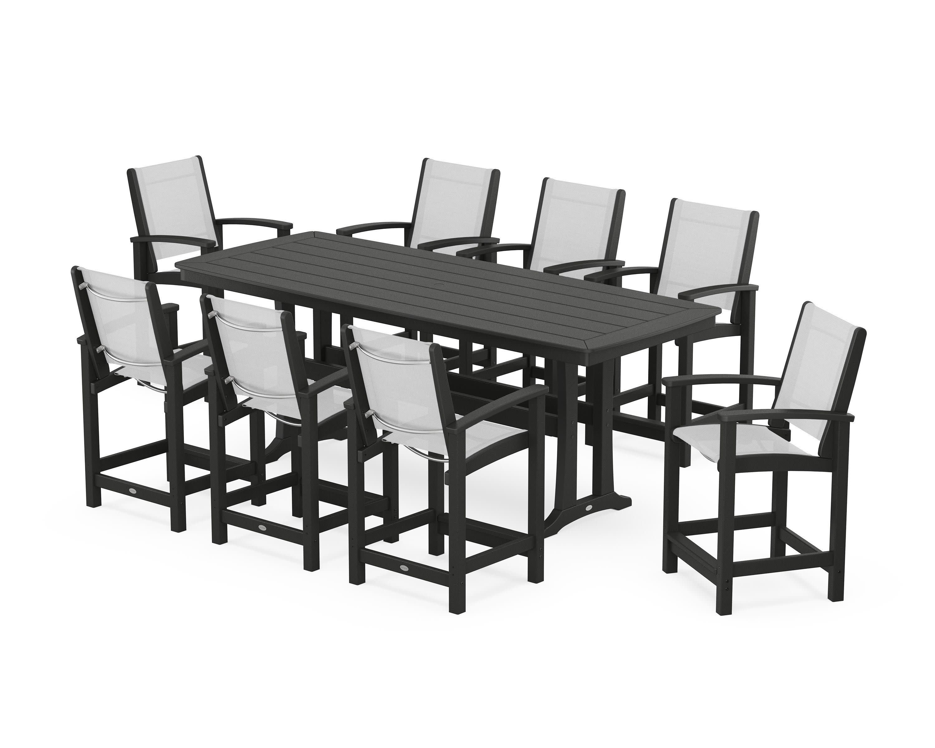 Coastal 9-Piece Counter Set with Trestle Legs in Black / White Sling