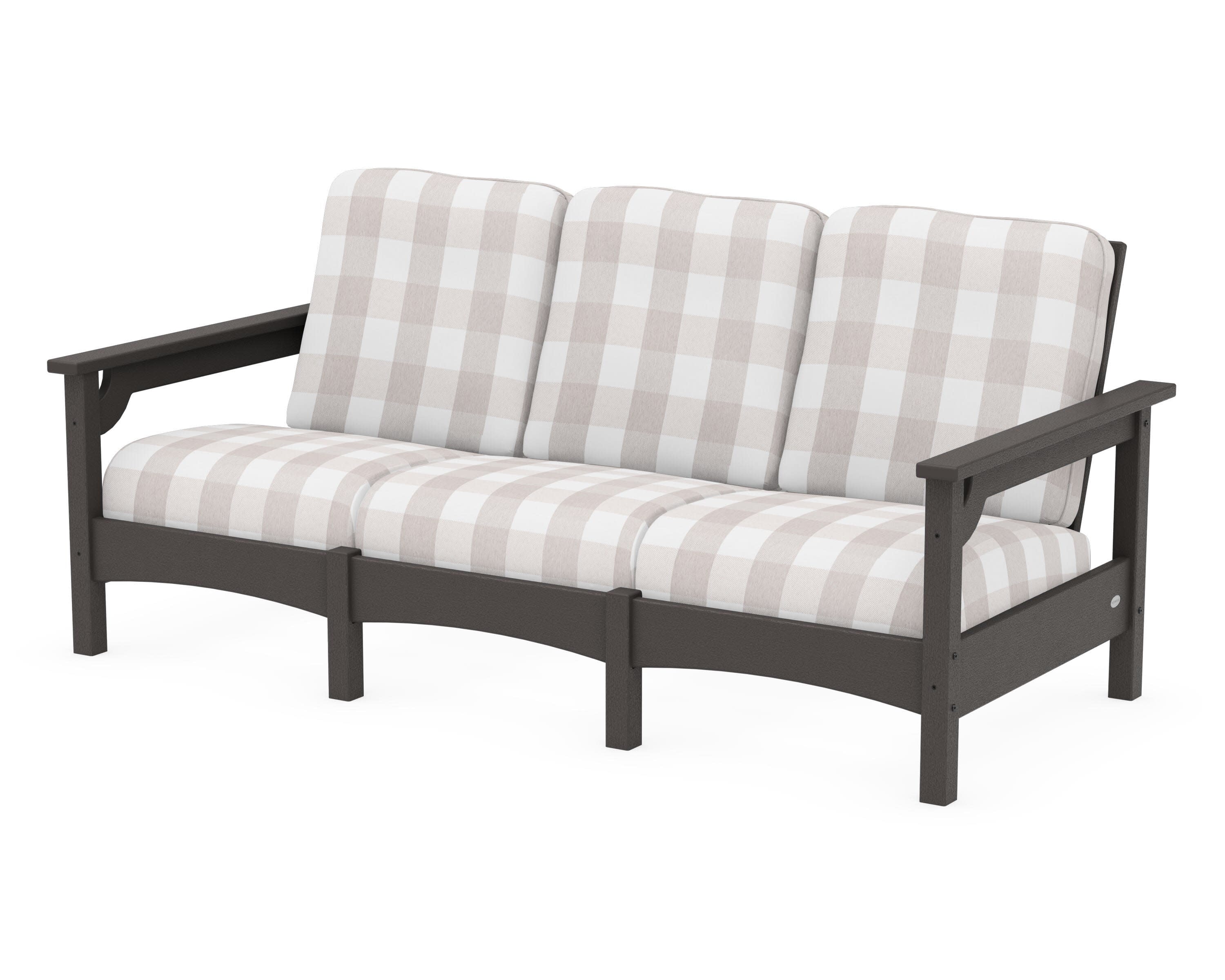Club Sofa in Vintage Coffee / Buffalo Plaid Dune Burlap