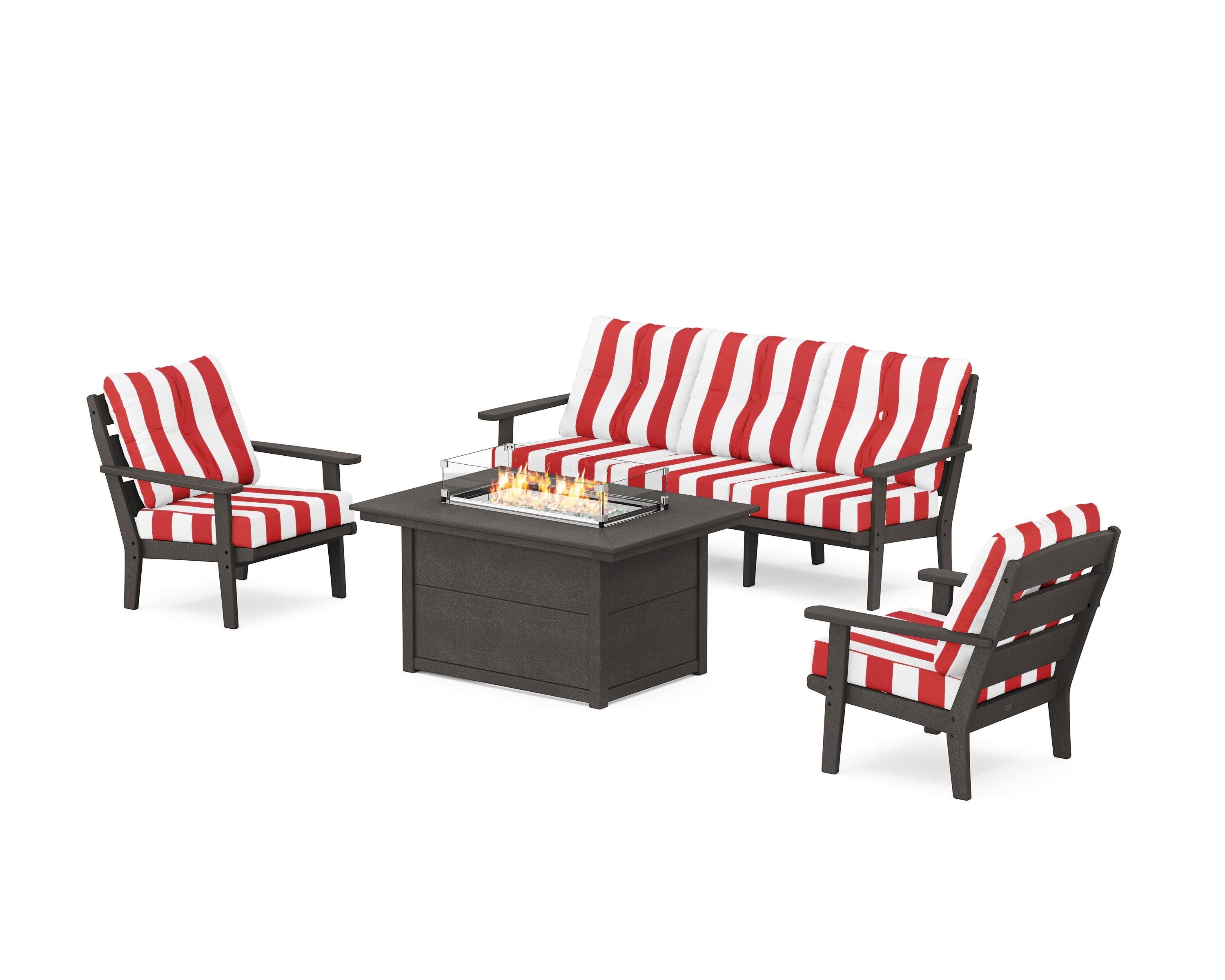 Lakeside Deep Seating Fire Pit Table Set in Vintage Coffee / Cabana Stripe Crimson