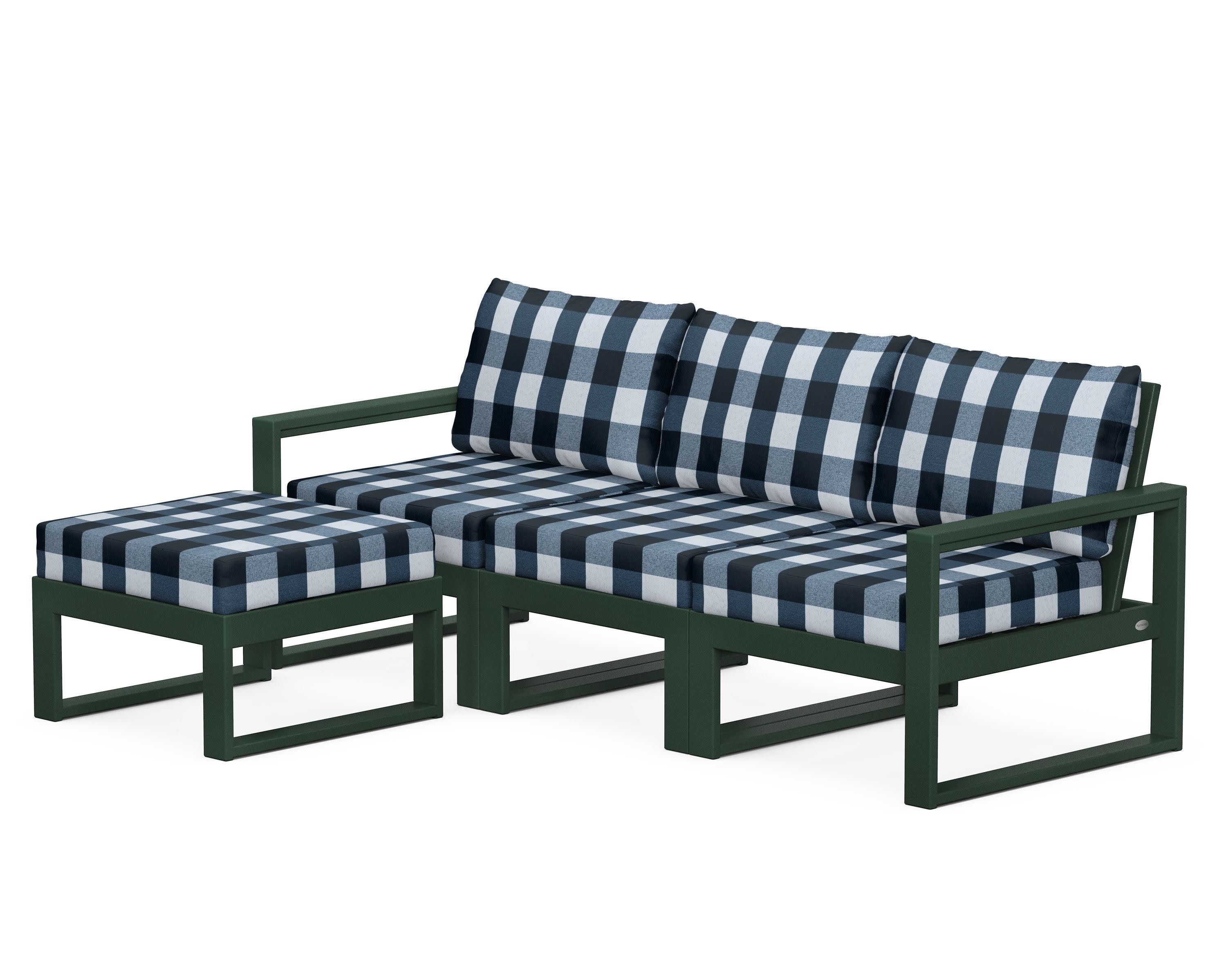 EDGE 4-Piece Modular Deep Seating Set with Ottoman in Green / Buffalo Plaid Marine Indigo