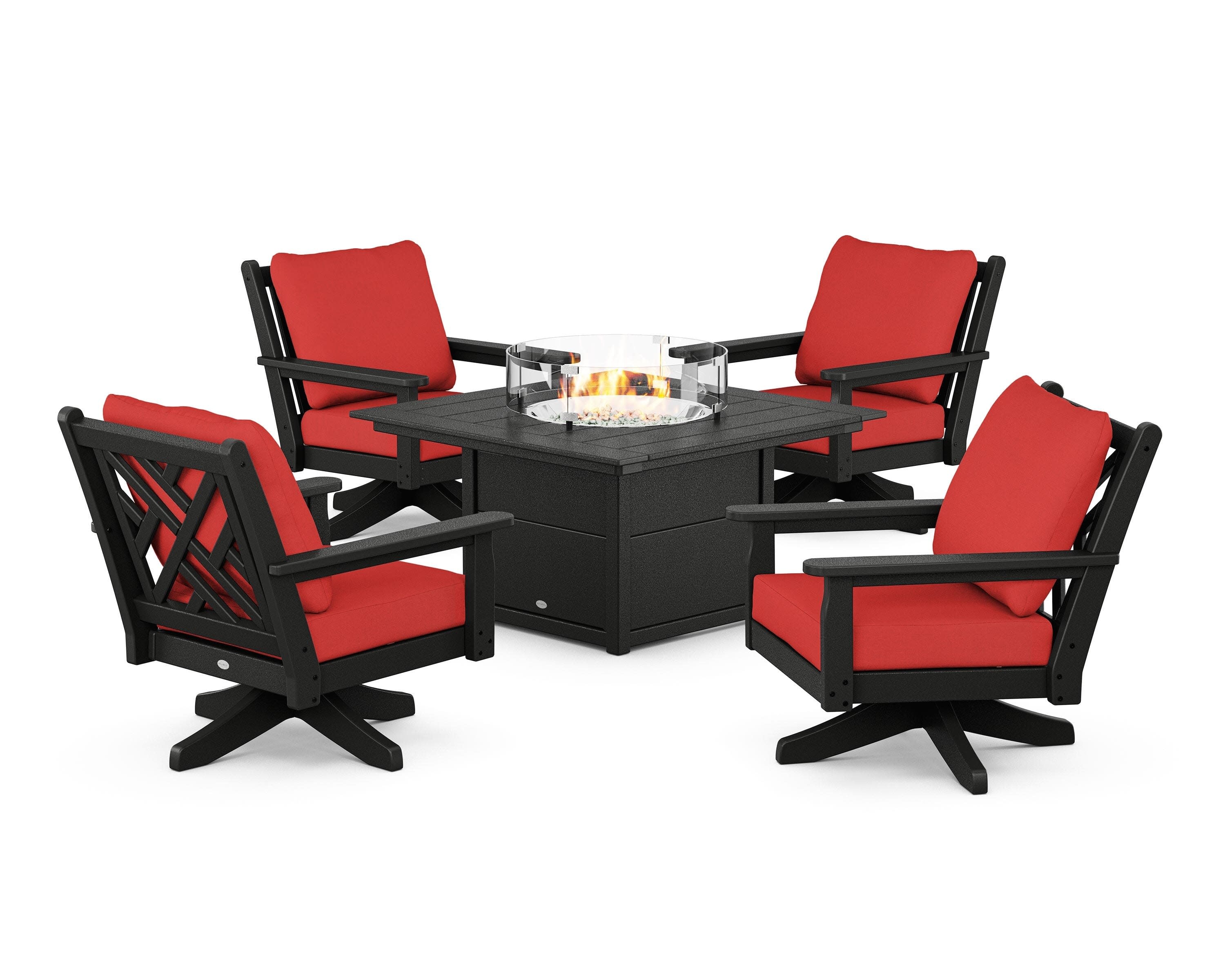 Chippendale 5-Piece Deep Seating Swivel Conversation Set with Fire Pit Table in Black / Crimson Linen