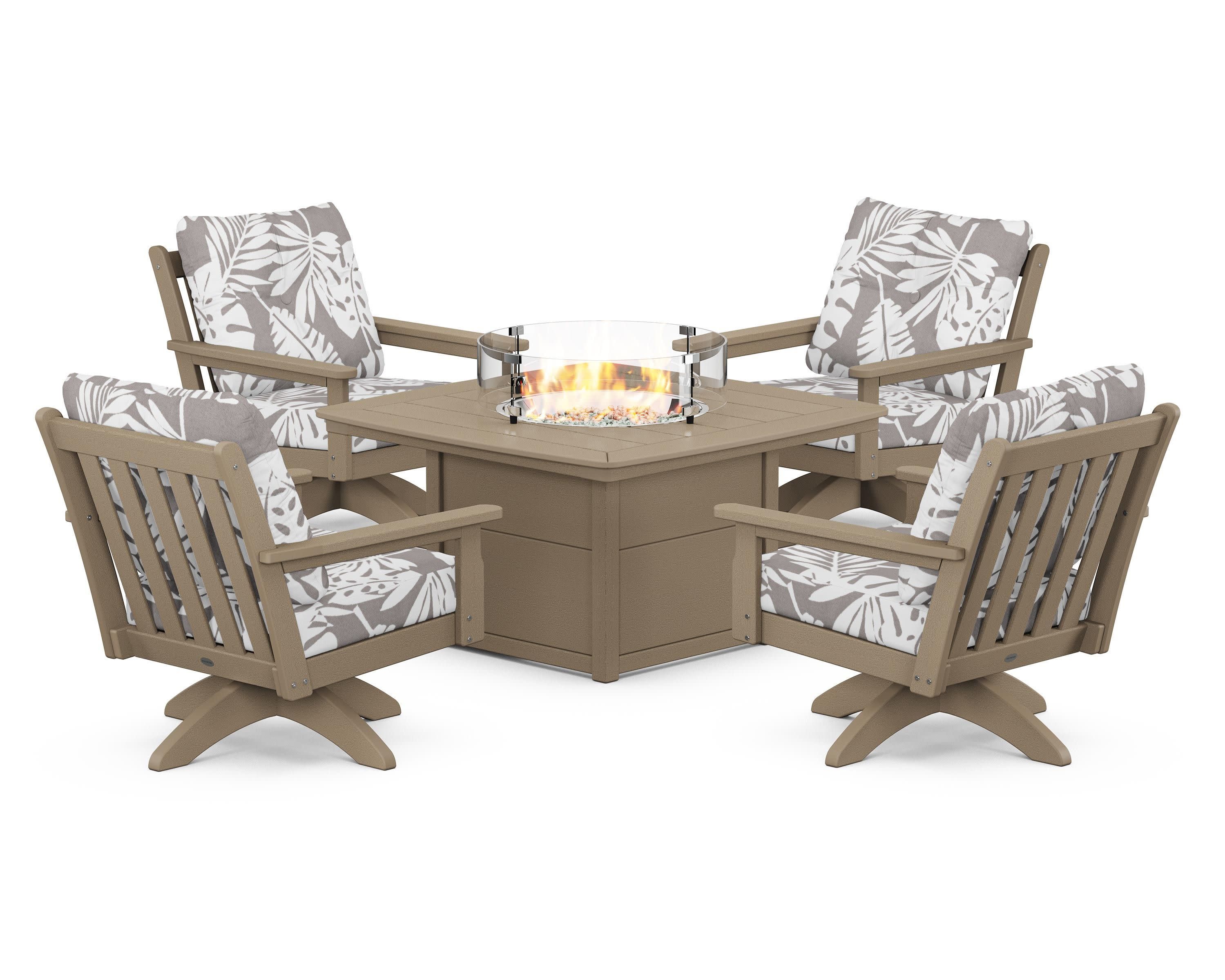 Vineyard 5-Piece Deep Seating Swivel Conversation Set with Fire Pit Table in Vintage Sahara / Leaf Grey Mist