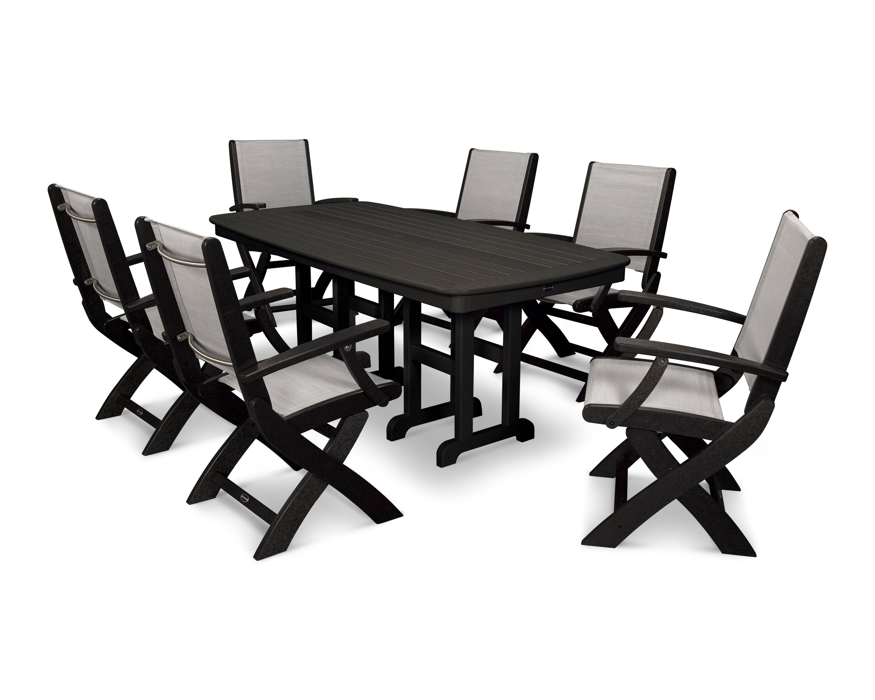 Coastal Folding Arm Chair 7-Piece Dining Set in Black / Metallic Sling