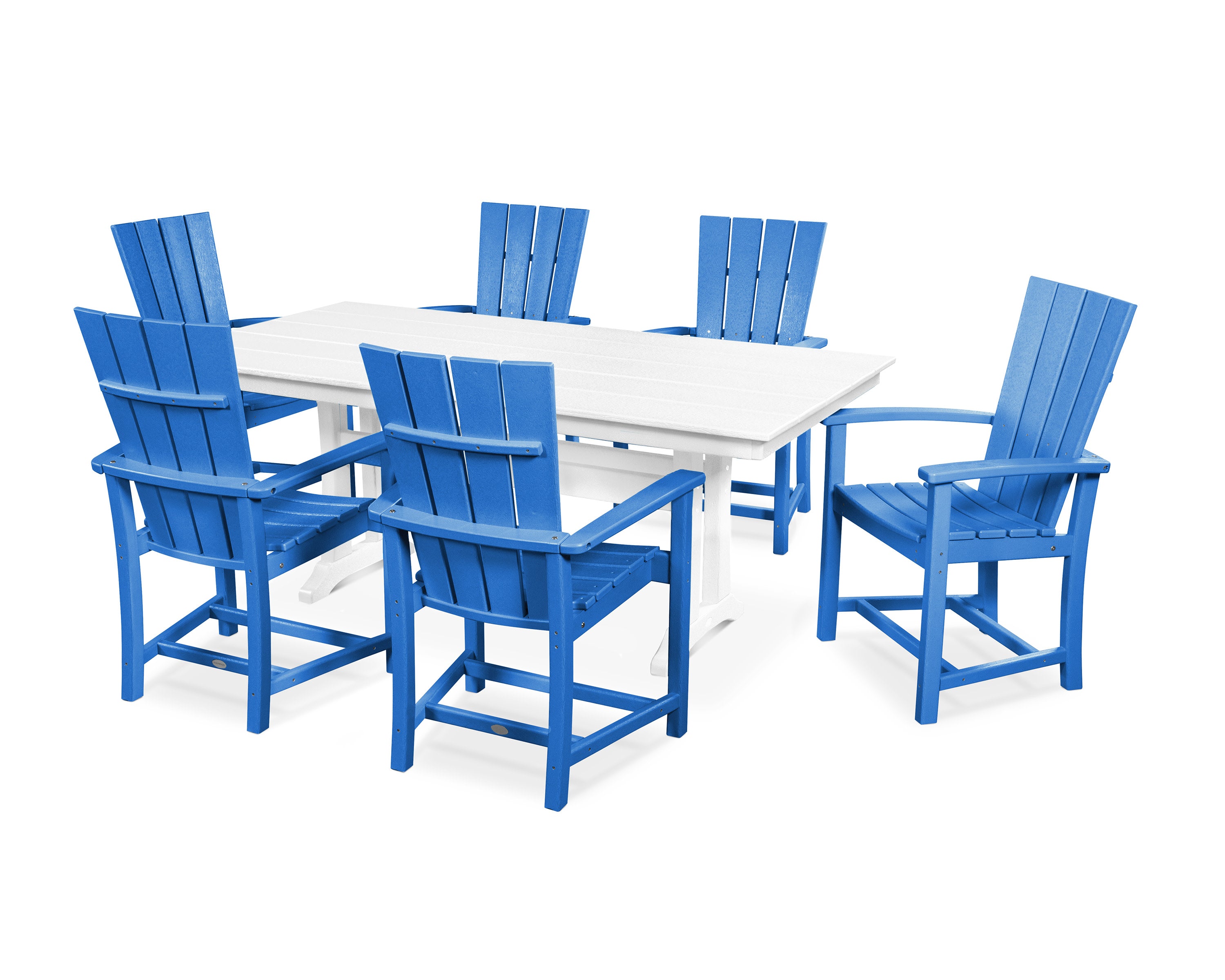 Quattro 7-Piece Farmhouse Dining Set with Trestle Legs in Pacific Blue / White
