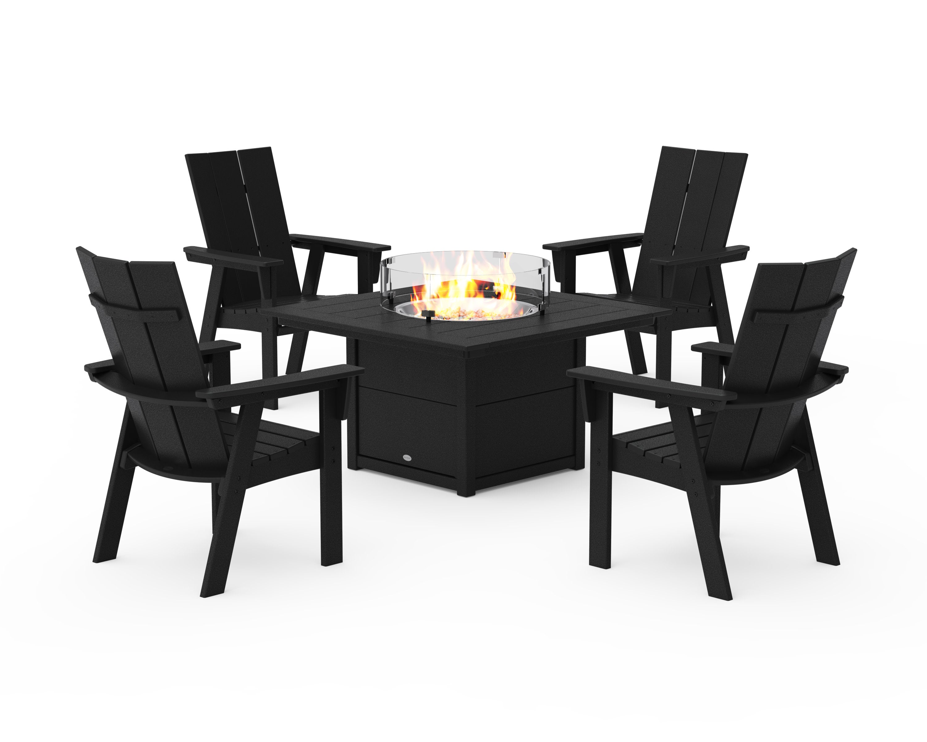 Modern 4-Piece Curveback Upright Adirondack Conversation Set with Fire Pit Table in Black