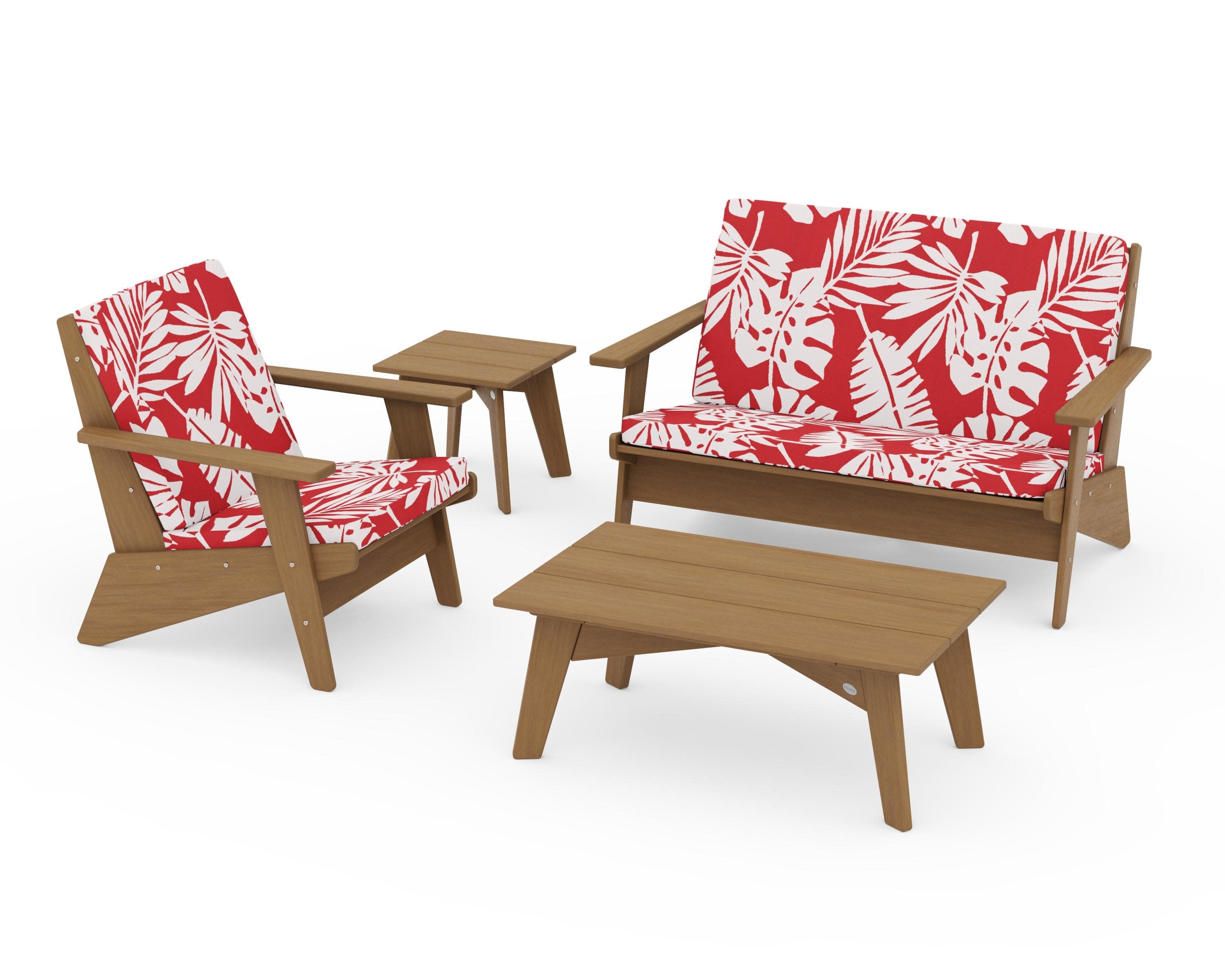 Riviera Modern Lounge 4-Piece Set in Natural / Leaf Crimson