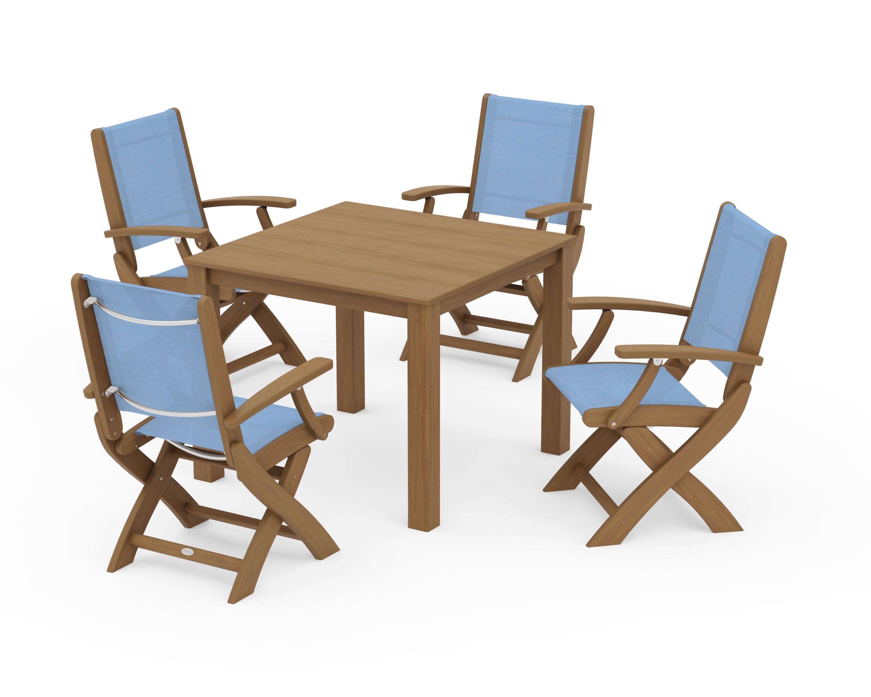 Coastal Folding Chair 5-Piece Parsons Dining Set in Natural / Poolside Sling