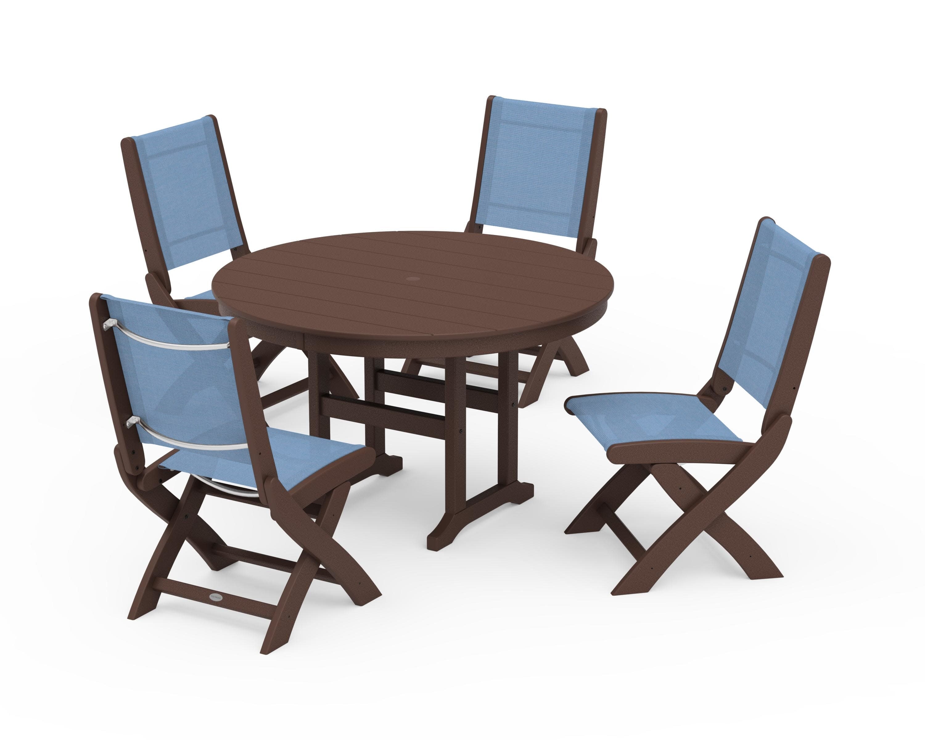Coastal Folding Side Chair 5-Piece Round Dining Set in Mahogany / Poolside Sling