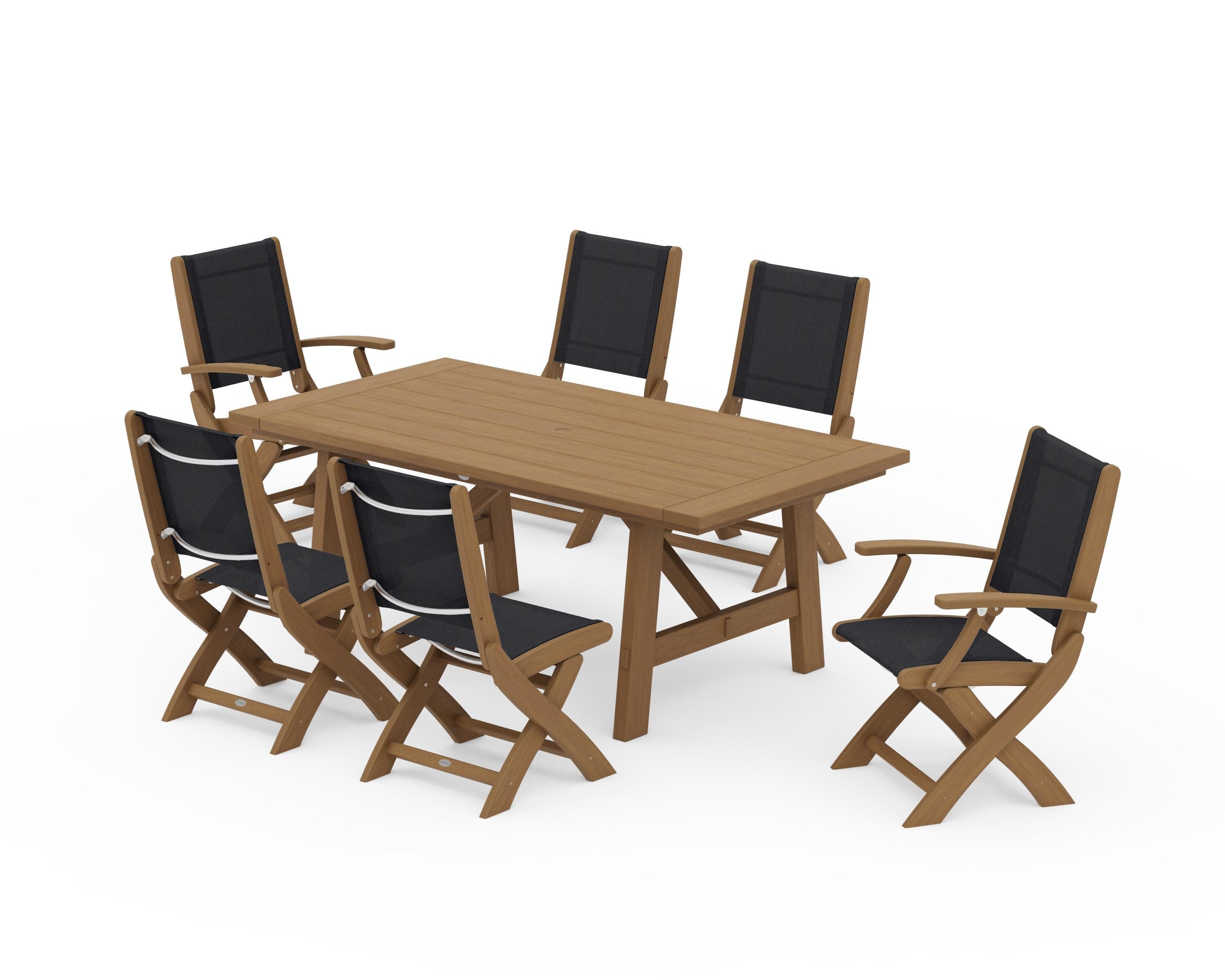 Coastal Folding Chair 7-Piece Rustic Farmhouse Dining Set in Natural / Black Sling