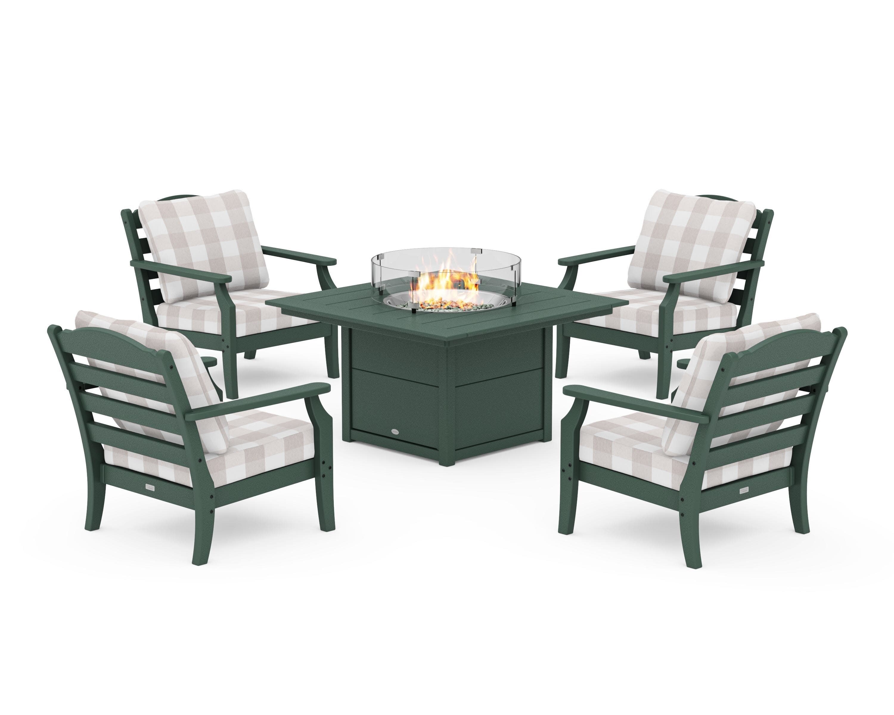 Savannah 5-Piece Deep Seating Set with Fire Pit Table in Green / Buffalo Plaid Dune Burlap