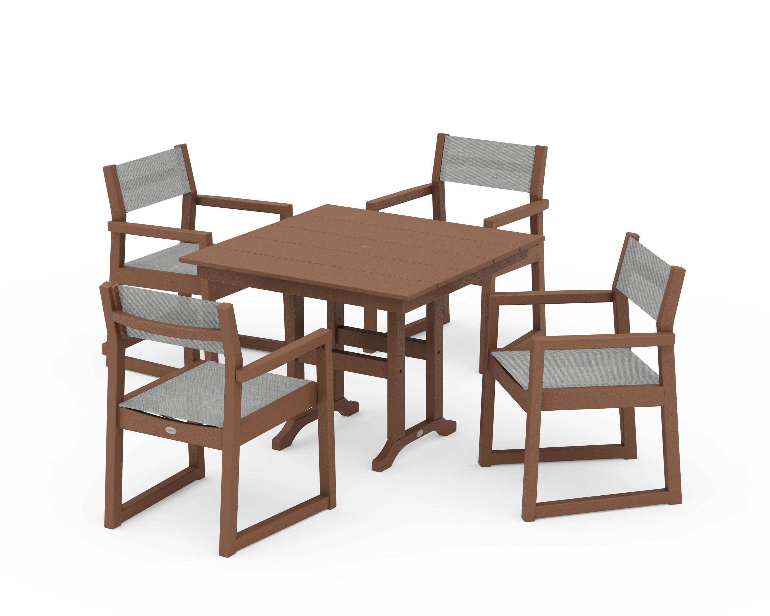 EDGE Sling Arm Chair 5-Piece Farmhouse Dining Set in Teak / Metallic Sling