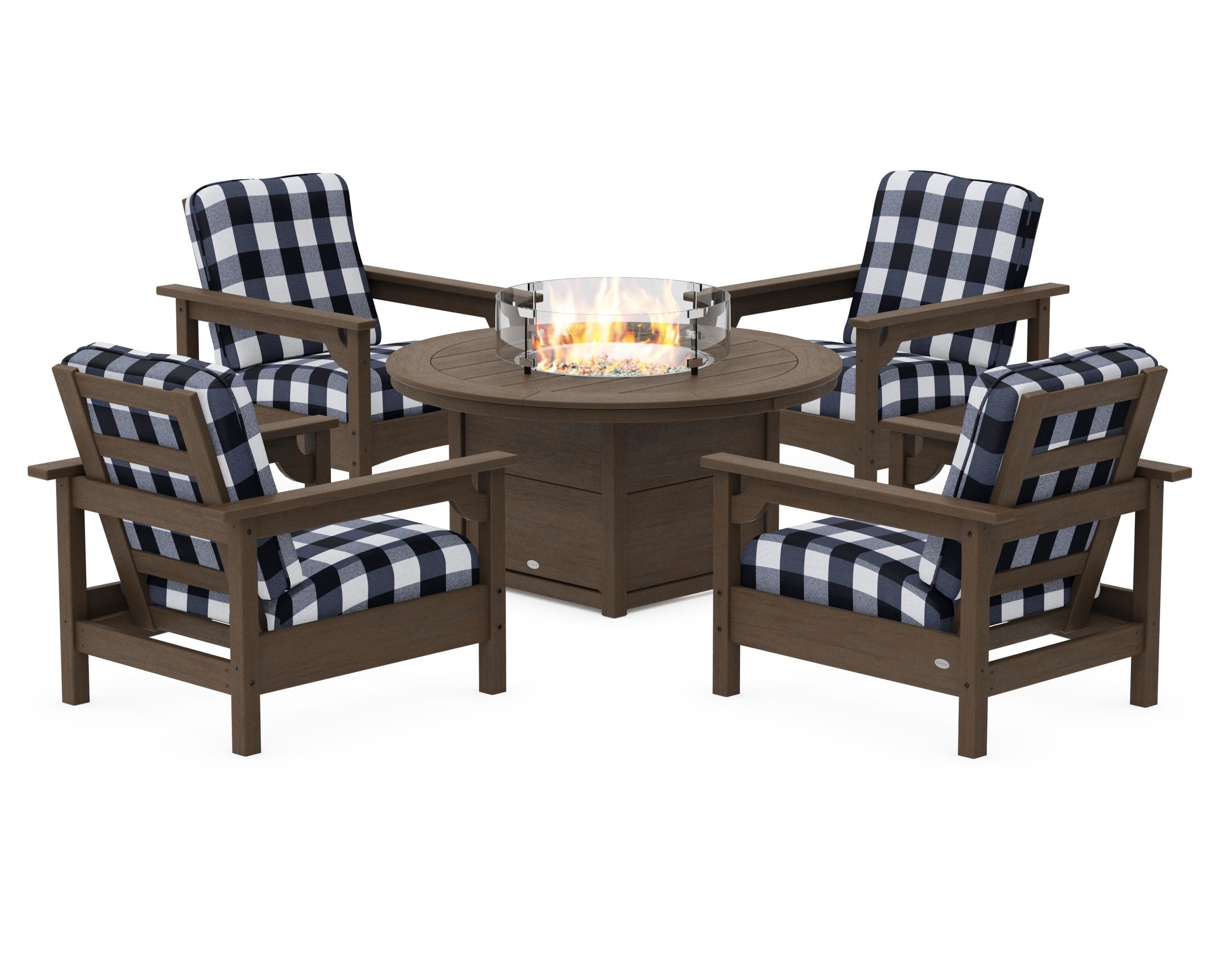 Club 5-Piece Conversation Set with Fire Pit Table in Kona / Buffalo Plaid Marine Indigo