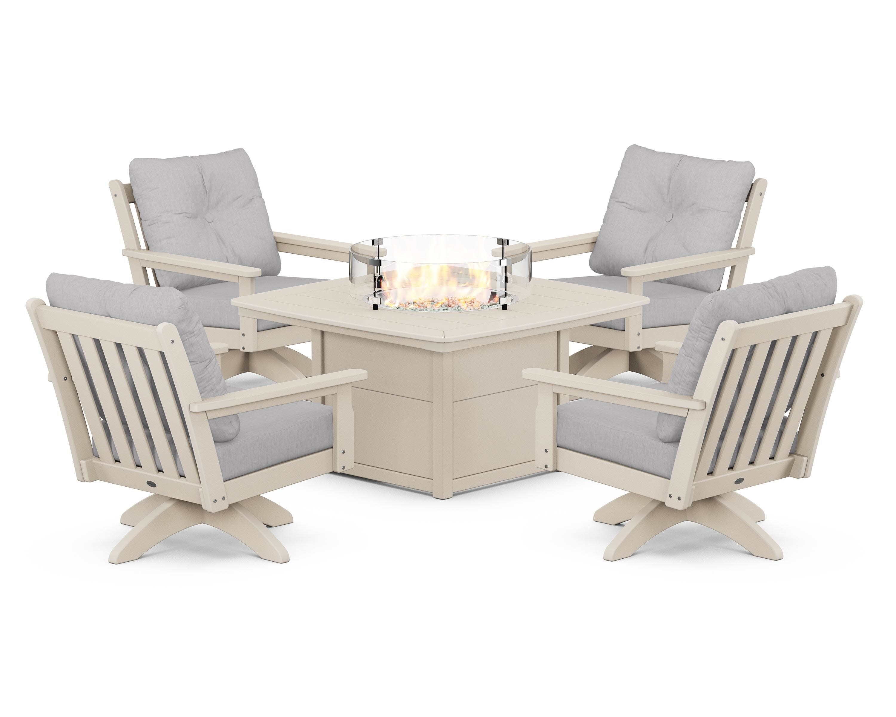 Vineyard 5-Piece Deep Seating Swivel Conversation Set with Fire Pit Table in Sand / Granite