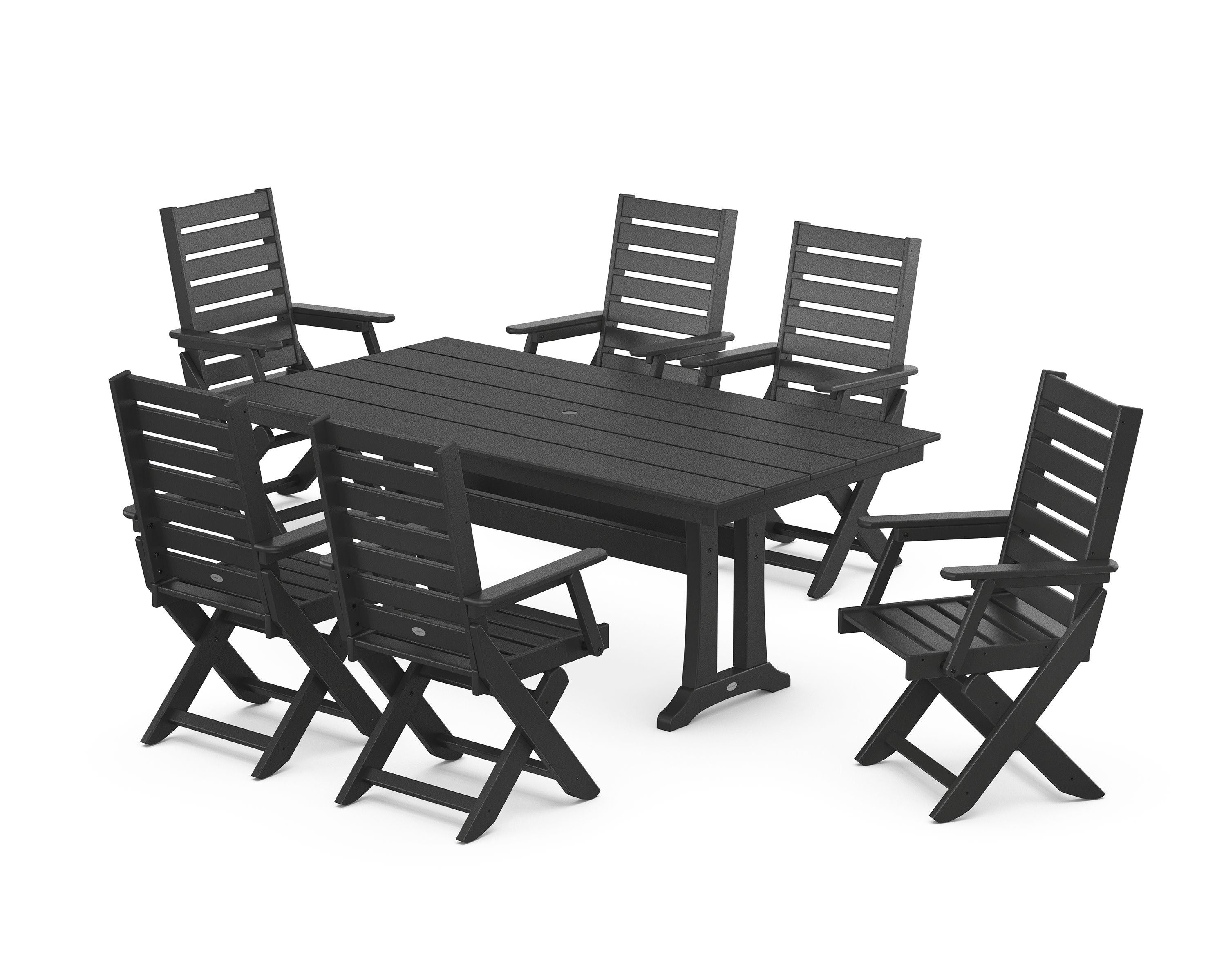 Captain Folding Chair 7-Piece Farmhouse Dining Set with Trestle Legs in Black