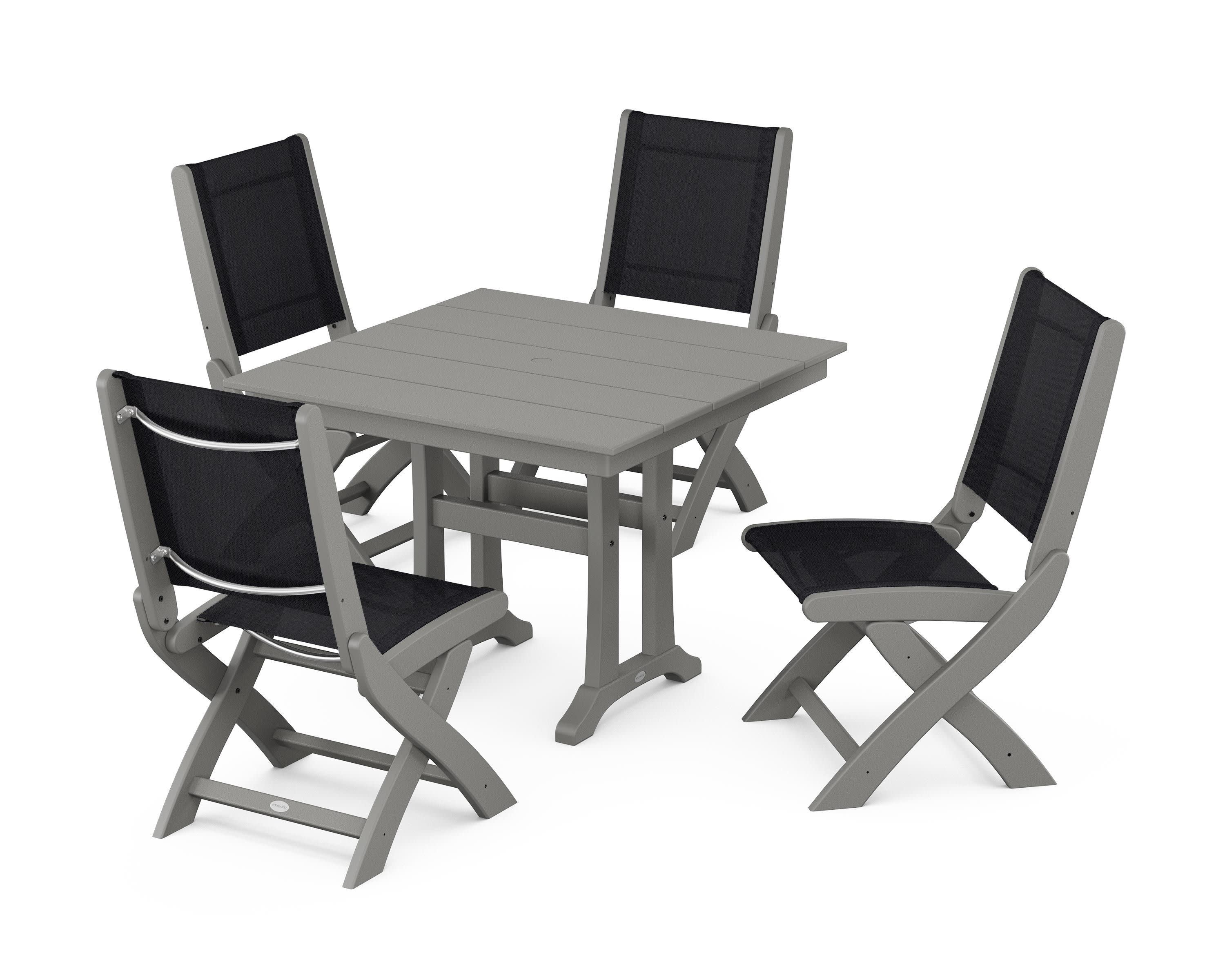 Coastal Folding Side Chair 5-Piece Farmhouse Dining Set With Trestle Legs in Slate Grey / Black Sling