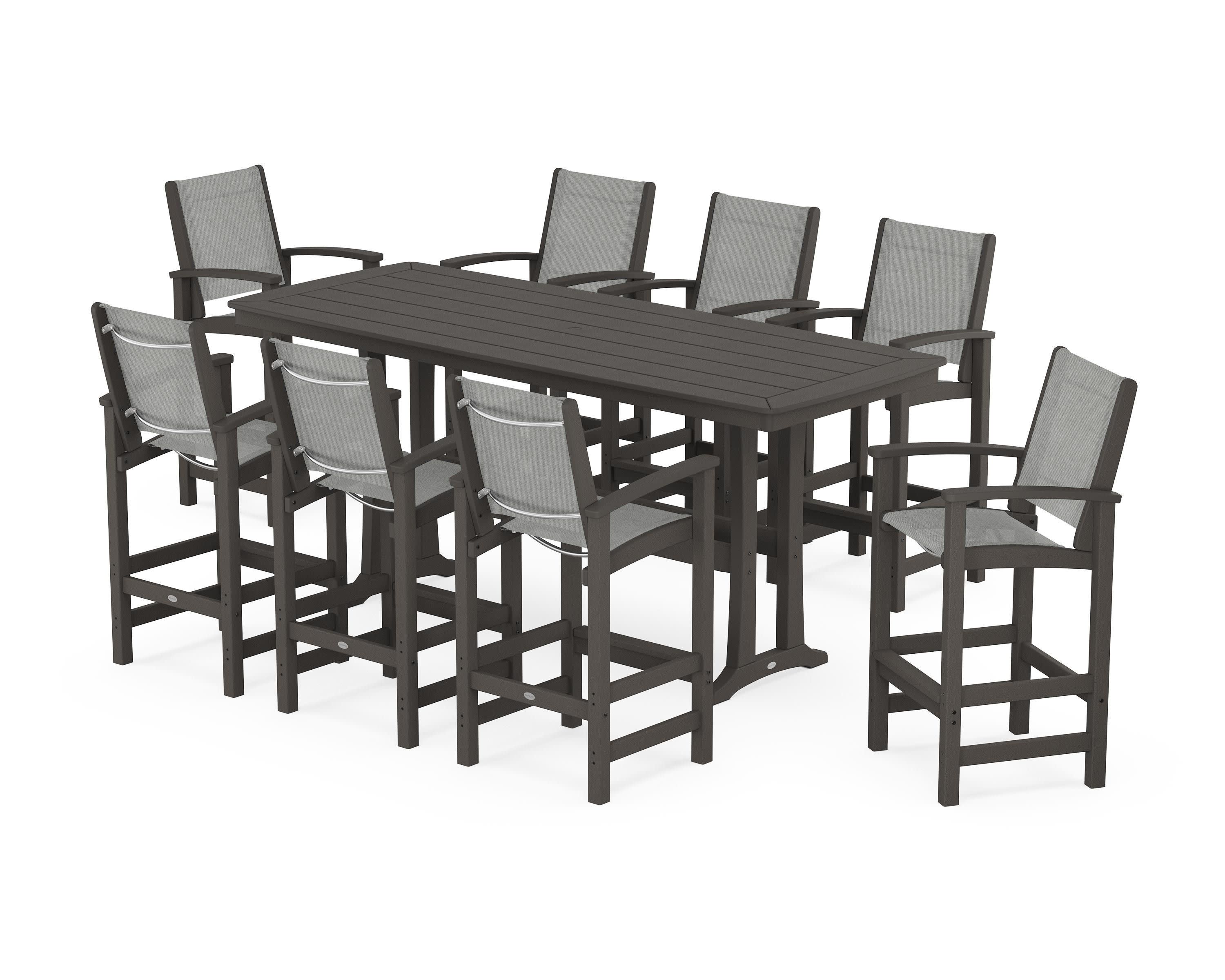Coastal 9-Piece Bar Set with Trestle Legs in Vintage Coffee / Metallic Sling