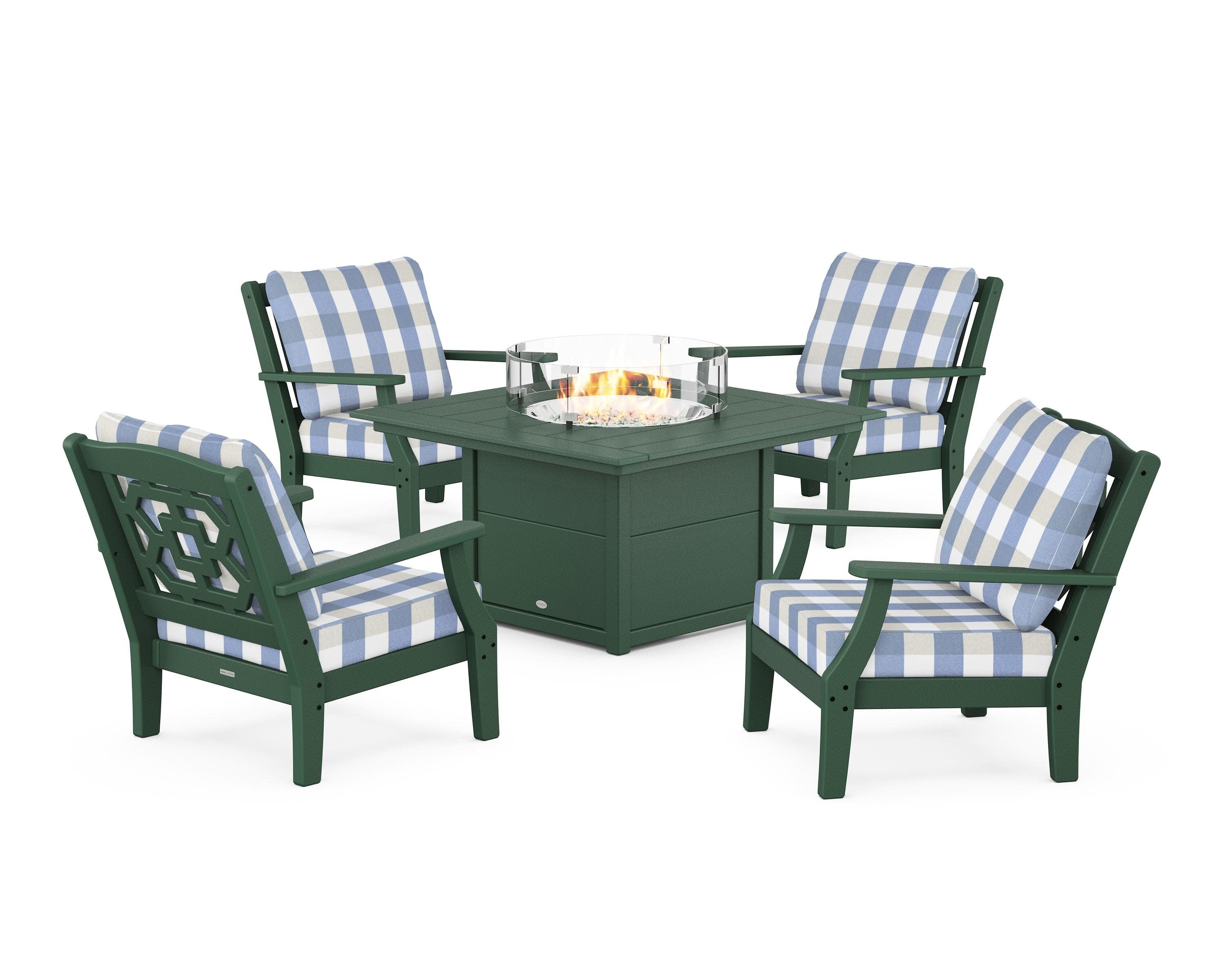 Chinoiserie 5-Piece Deep Seating Set with Fire Pit Table in Green / Buffalo Plaid Sky Blue