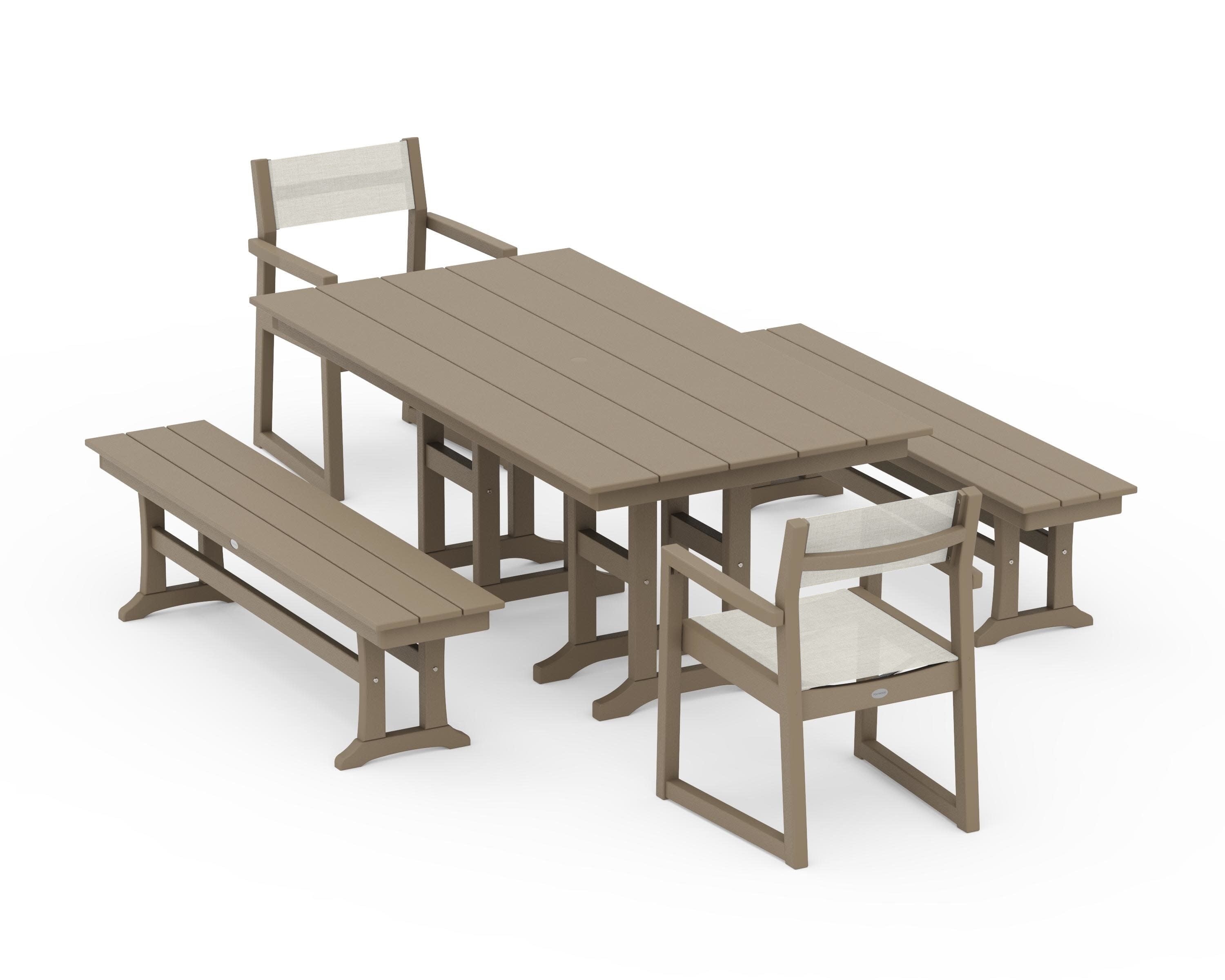 EDGE Sling Arm Chair 5-Piece Farmhouse Dining Set with Benches in Vintage Sahara / Parchment Sling