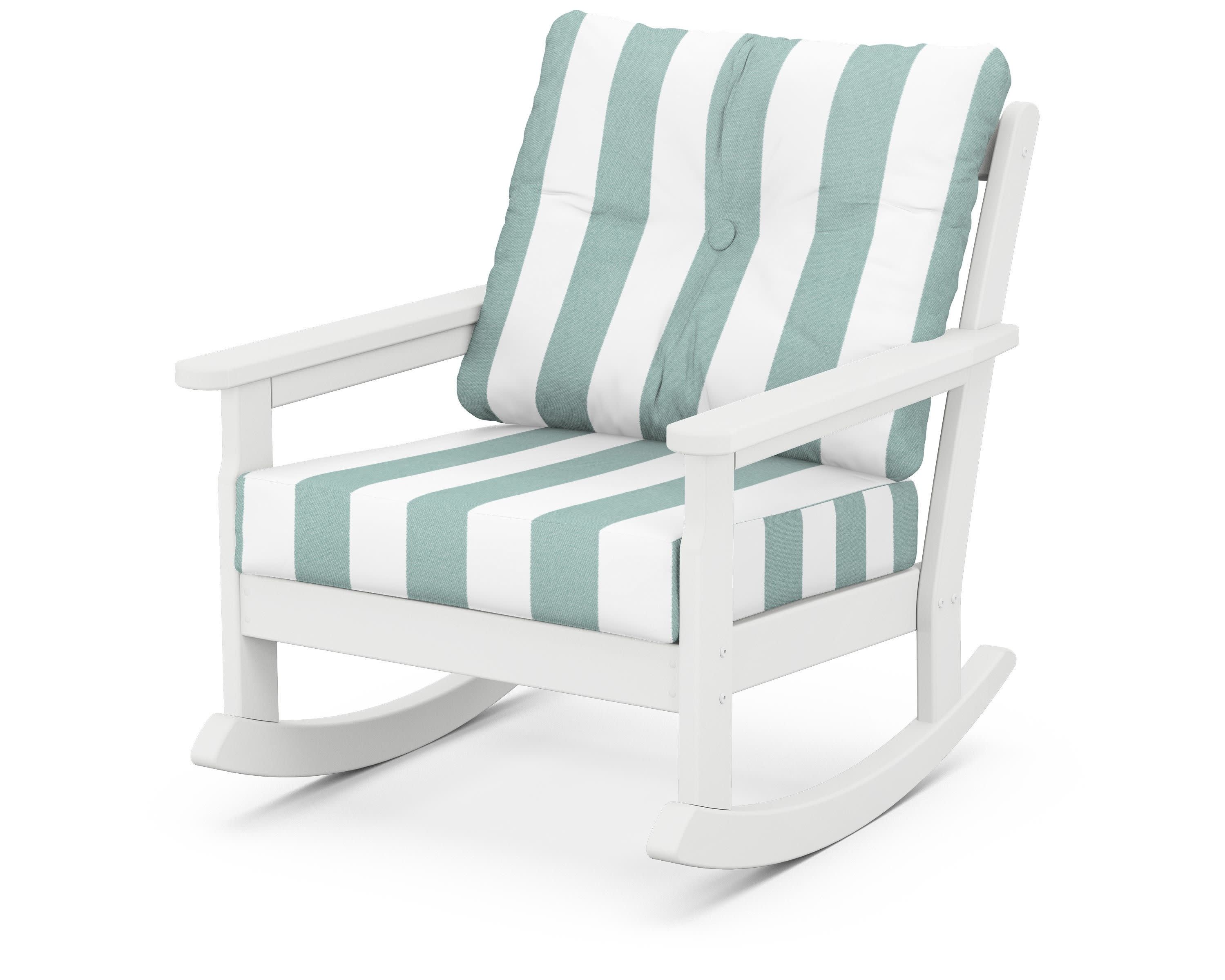 Vineyard Deep Seating Rocking Chair in White / Cabana Stripe Glacier Spa