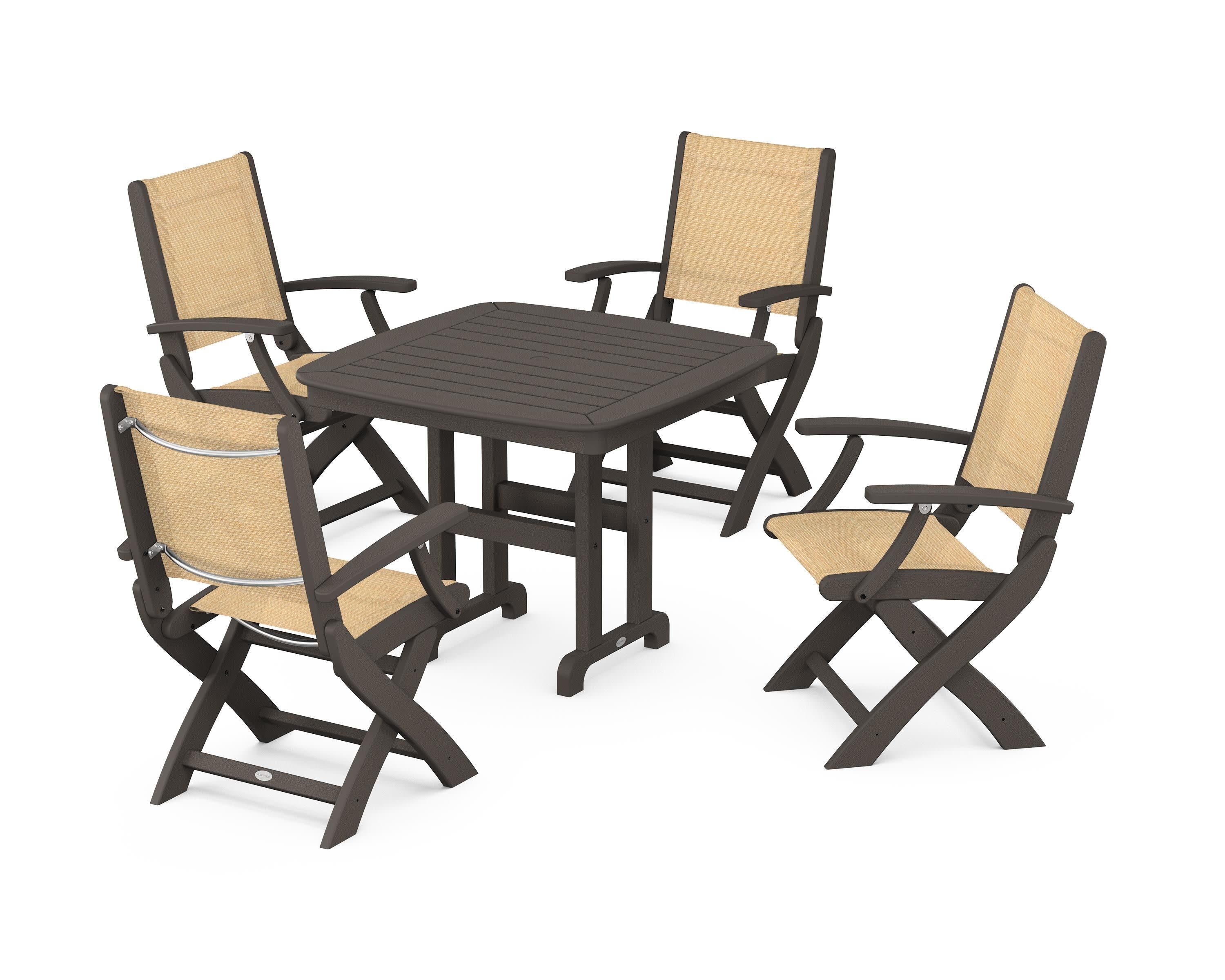 Coastal Folding Chair 5-Piece Dining Set in Vintage Coffee / Dupioni Apricot Sling