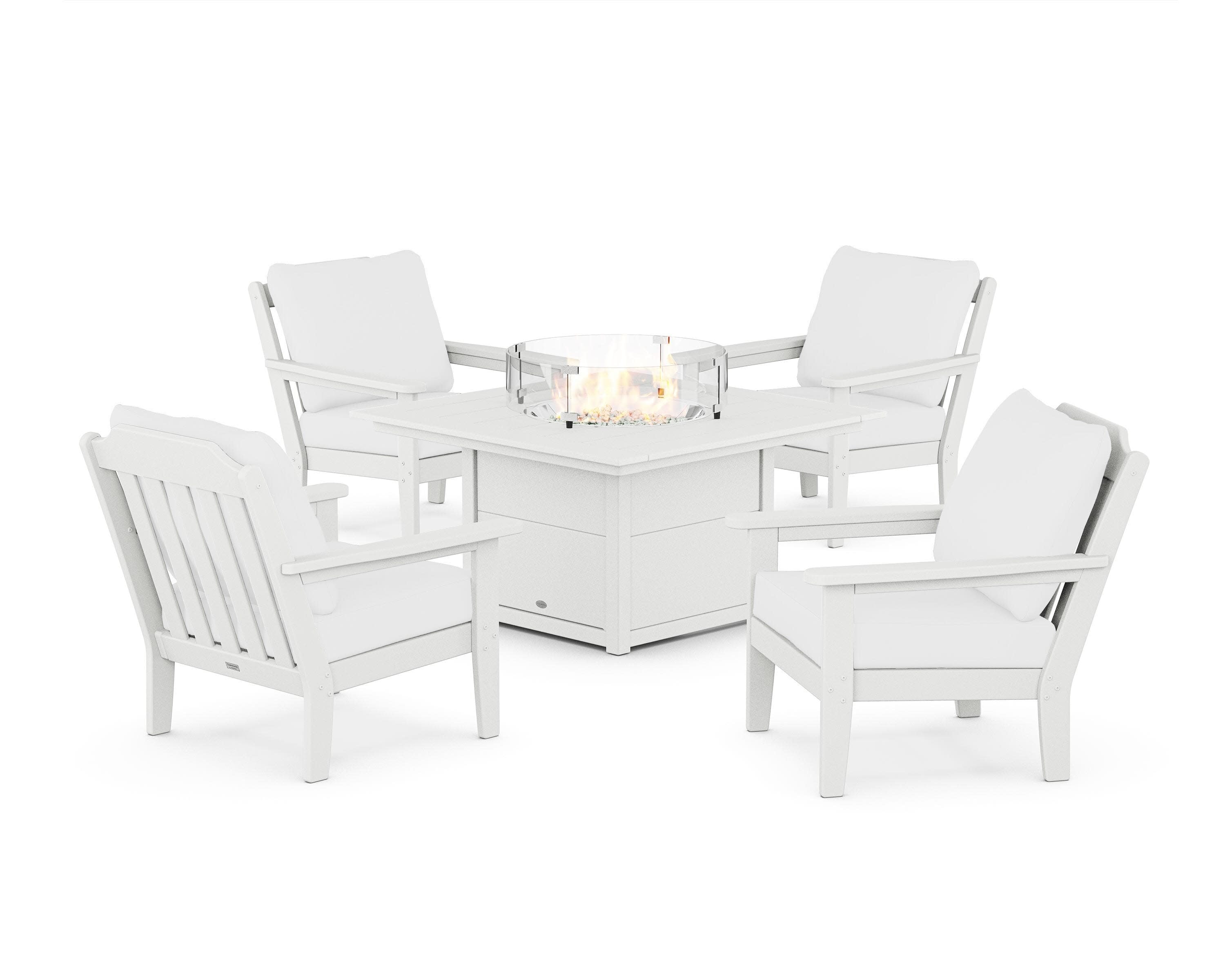 Cottage 5-Piece Deep Seating Set with Fire Pit Table in White / Natural