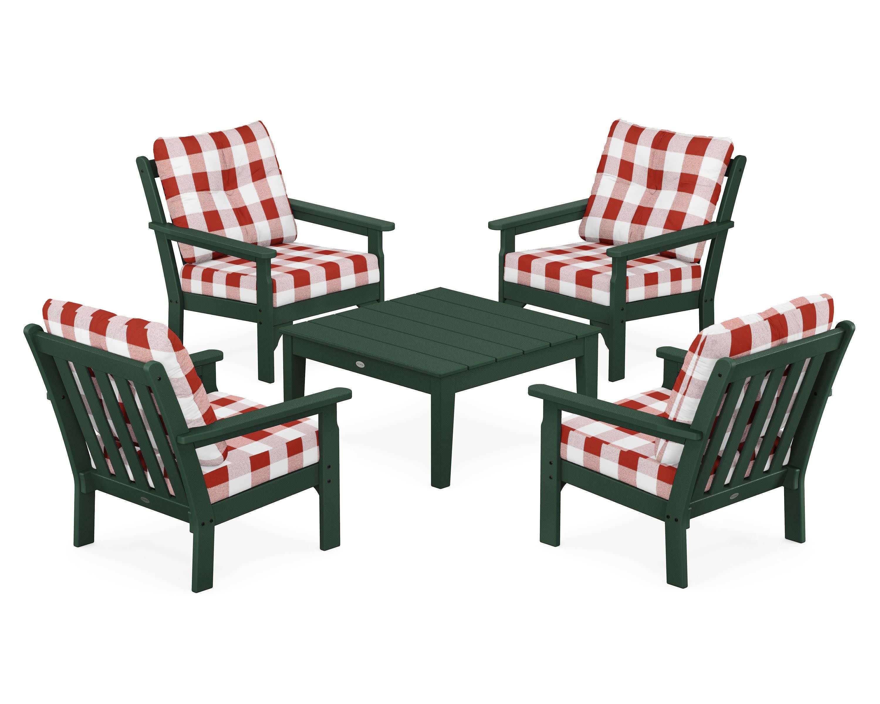 Vineyard 5-Piece Deep Seating Conversation Set in Green / Buffalo Plaid Crimson