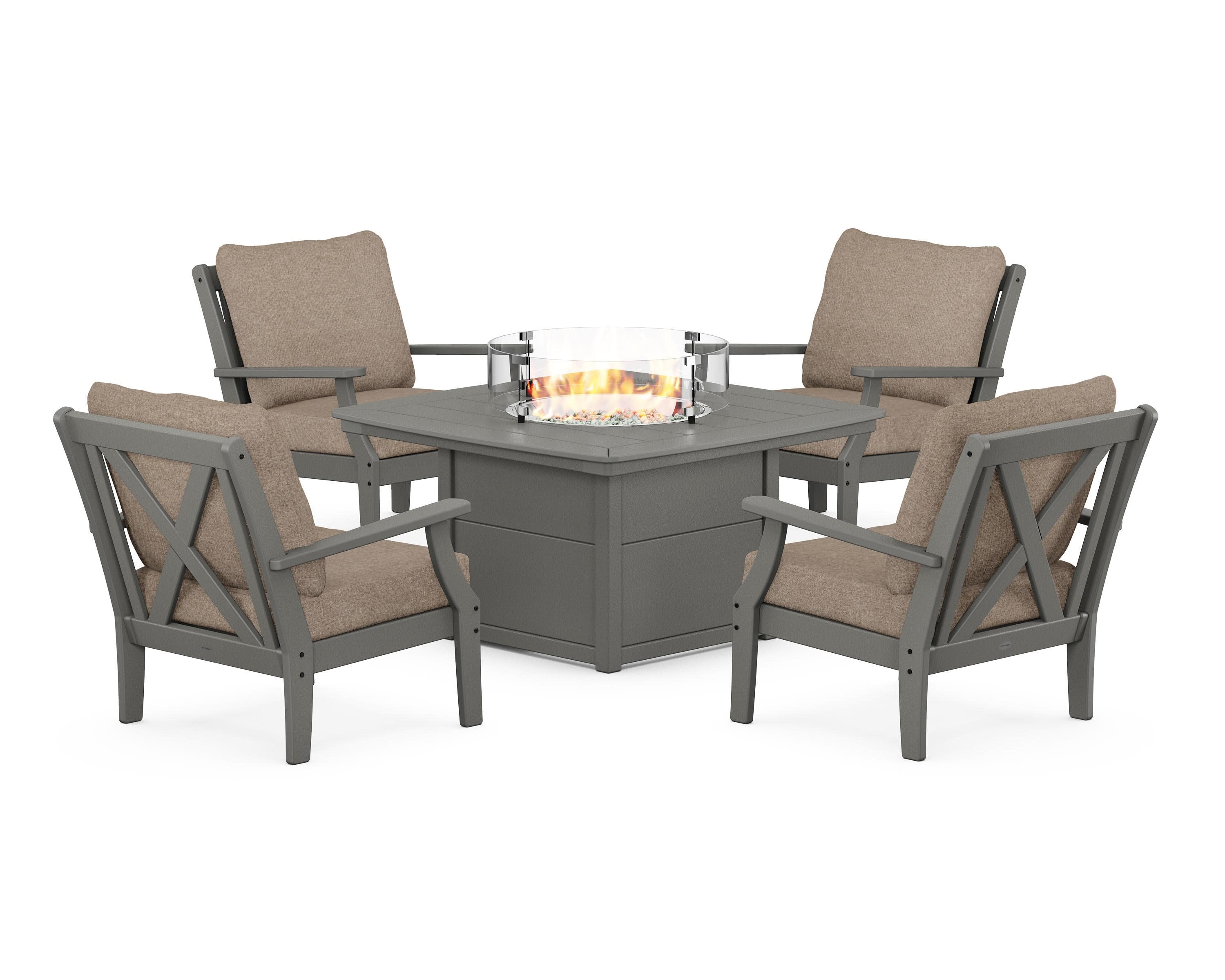 Braxton 5-Piece Deep Seating Conversation Set with Fire Pit Table in Slate Grey / Spiced Burlap