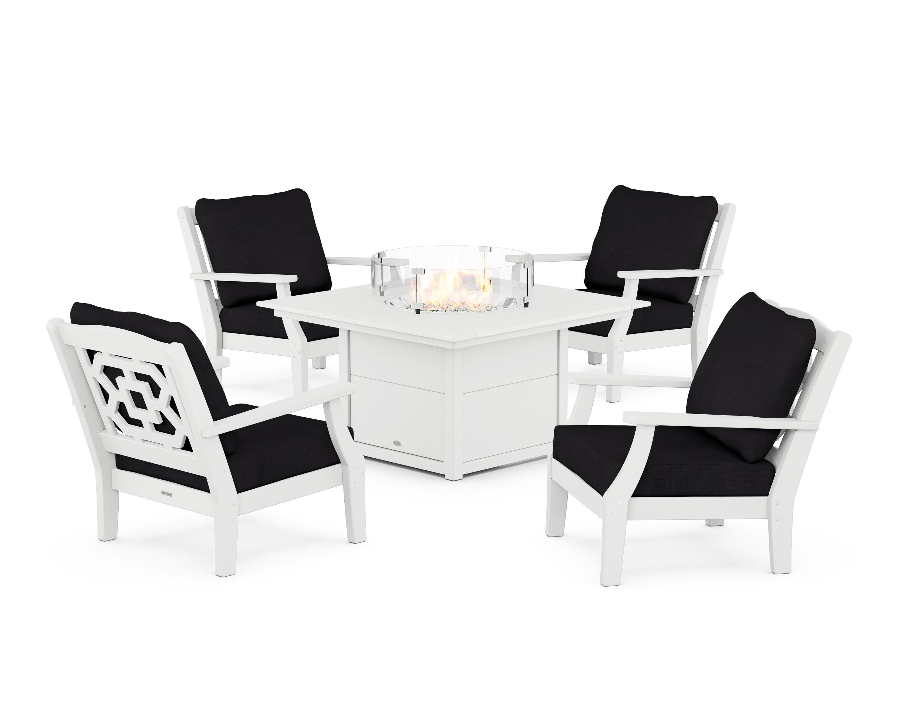 Chinoiserie 5-Piece Deep Seating Set with Fire Pit Table in White / Midnight Linen