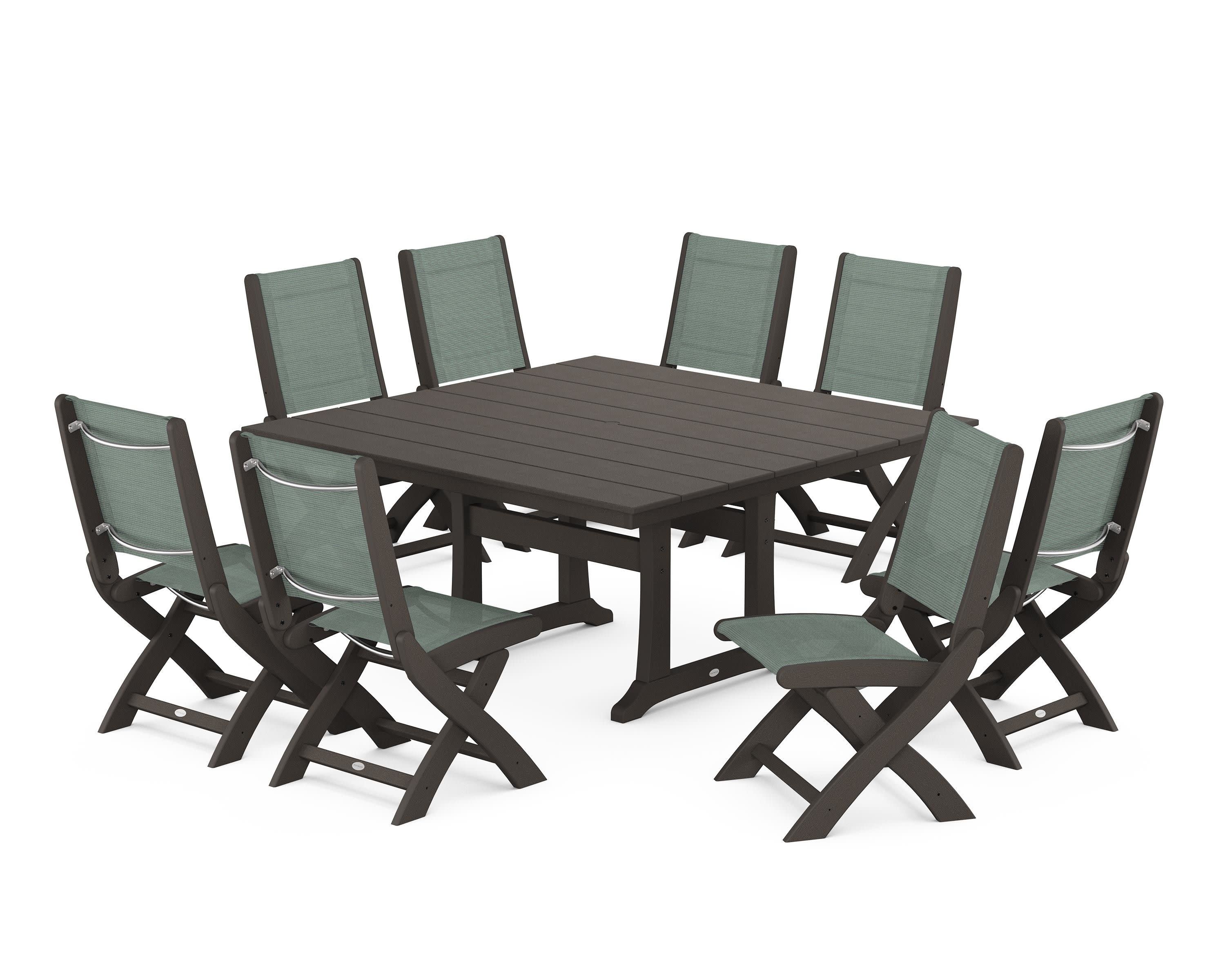 Coastal Folding Side Chair 9-Piece Farmhouse Dining Set in Vintage Coffee / Dupioni Sea Mist Sling