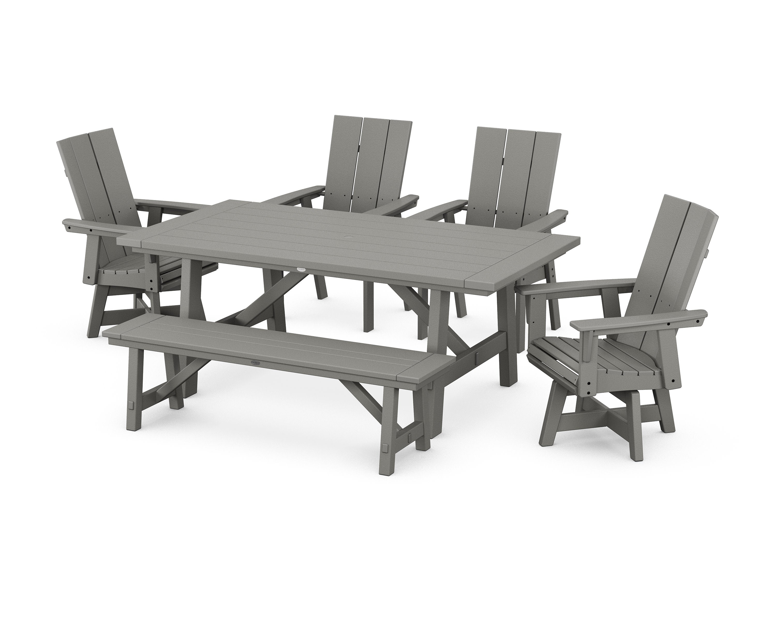 Modern Curveback Adirondack Swivel Chair 6-Piece Rustic Farmhouse Dining Set with Bench in Slate Grey