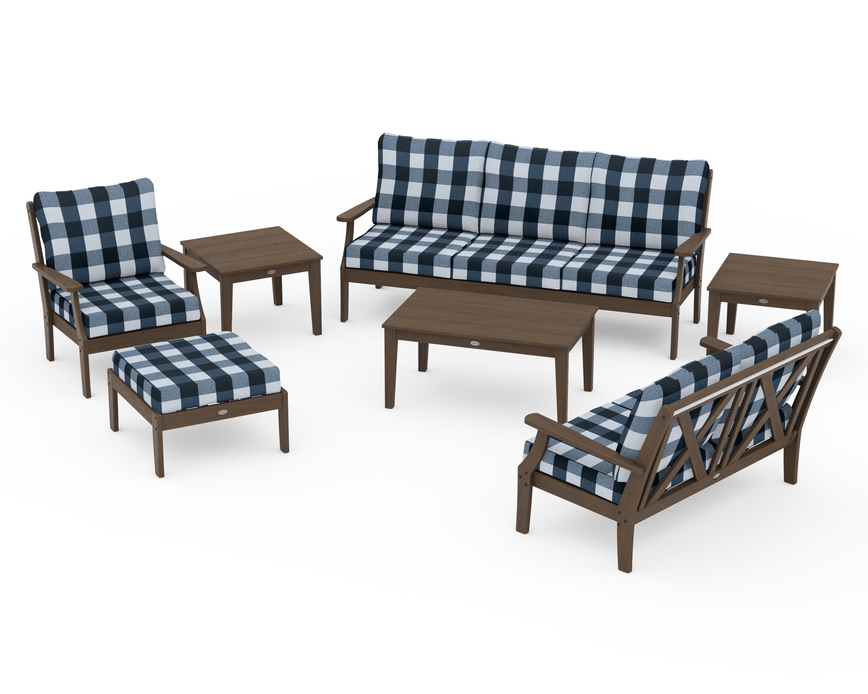 Braxton 7-Piece Deep Seating Set in Kona / Buffalo Plaid Marine Indigo