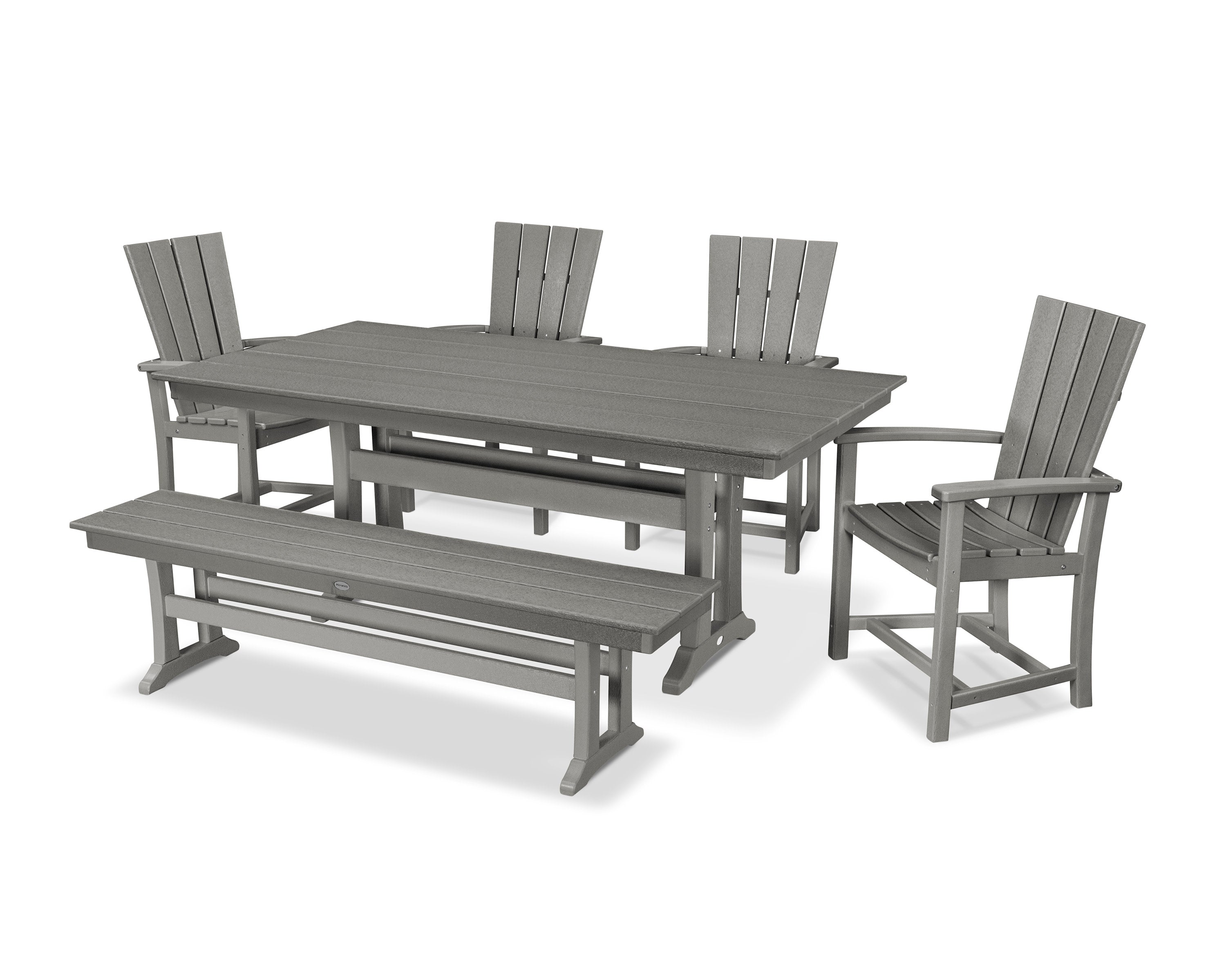 Quattro 6-Piece Farmhouse Dining Set with Trestle Legs and Bench in Slate Grey